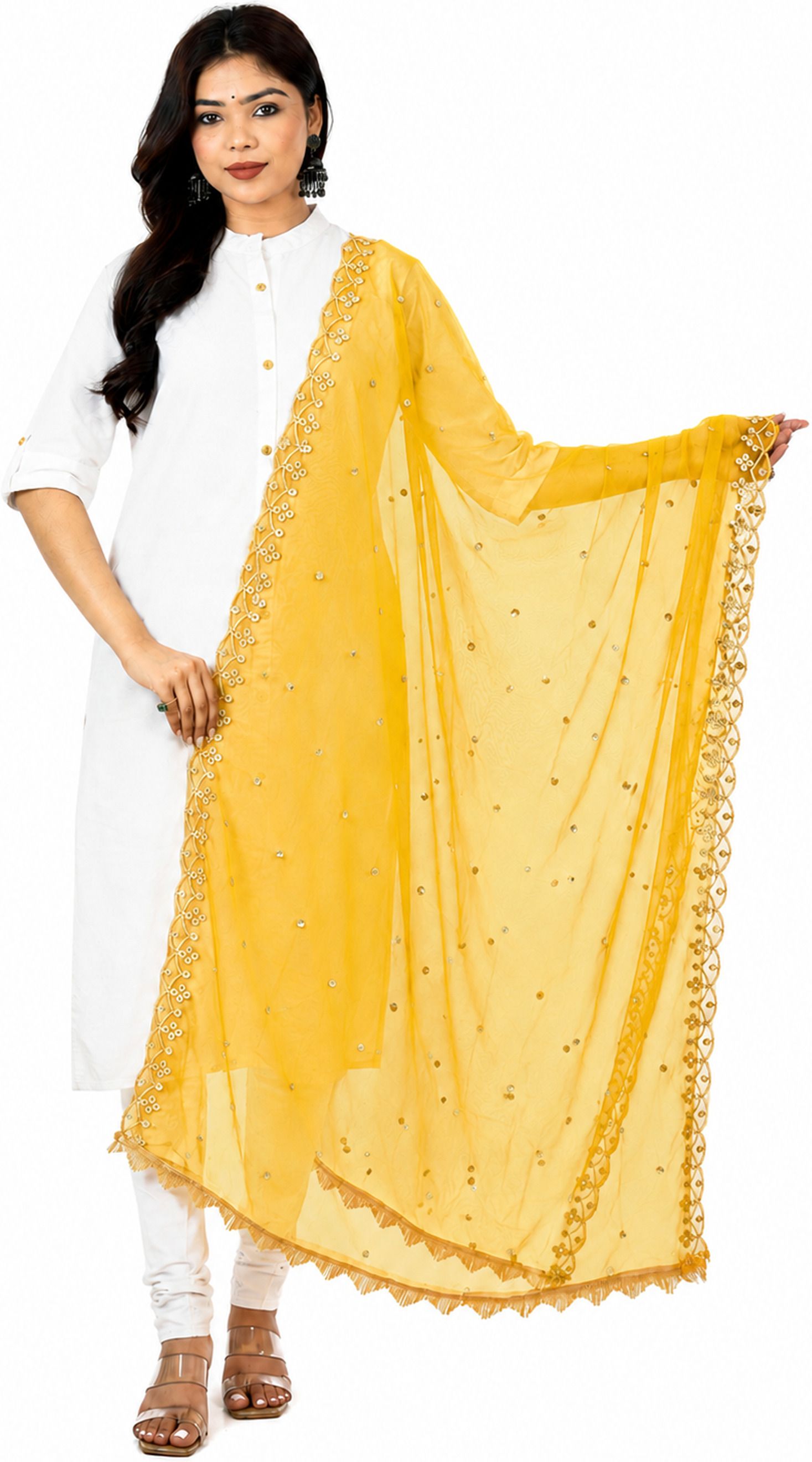 whiteheaven Net Embroidered Yellow Women Dupatta-picture-10