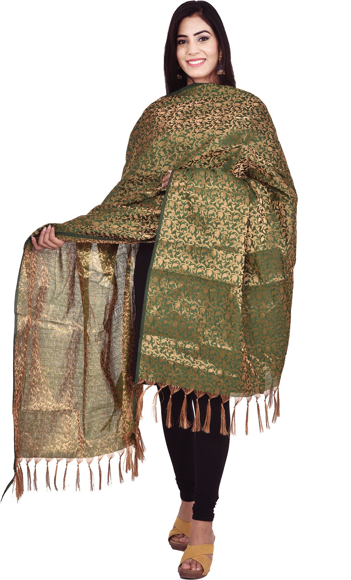 whiteheaven Pure Silk Self Design Dark Green Women Dupatta-picture-14