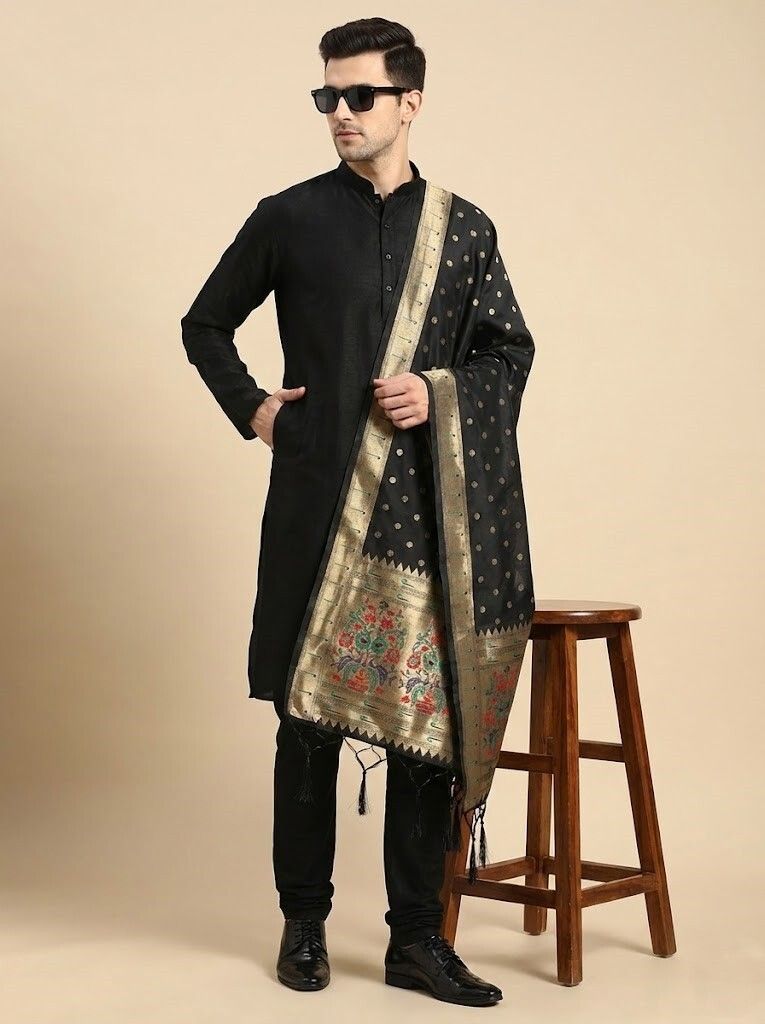 Cotton Silk Woven Black Men Dupatta-image-33