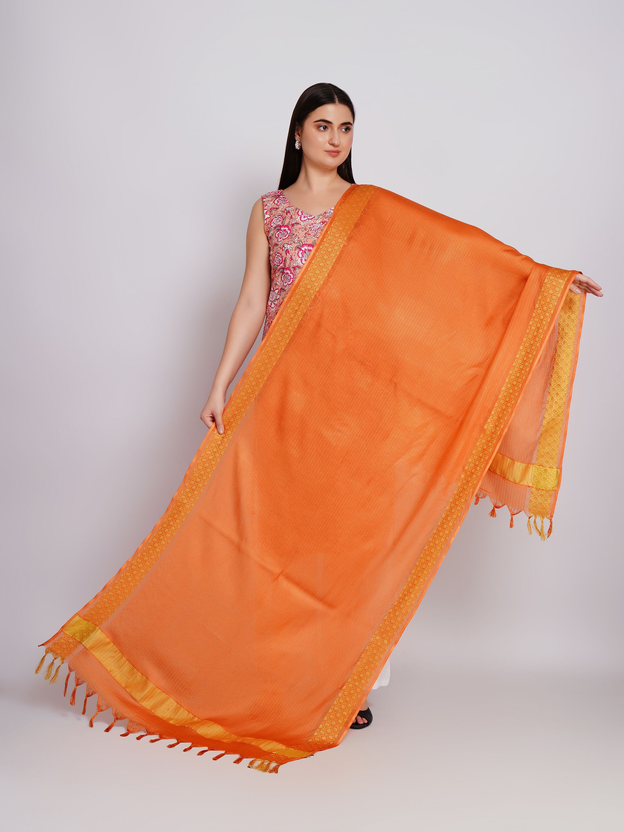 Cotton Blend Solid Orange Women Dupatta-image-17