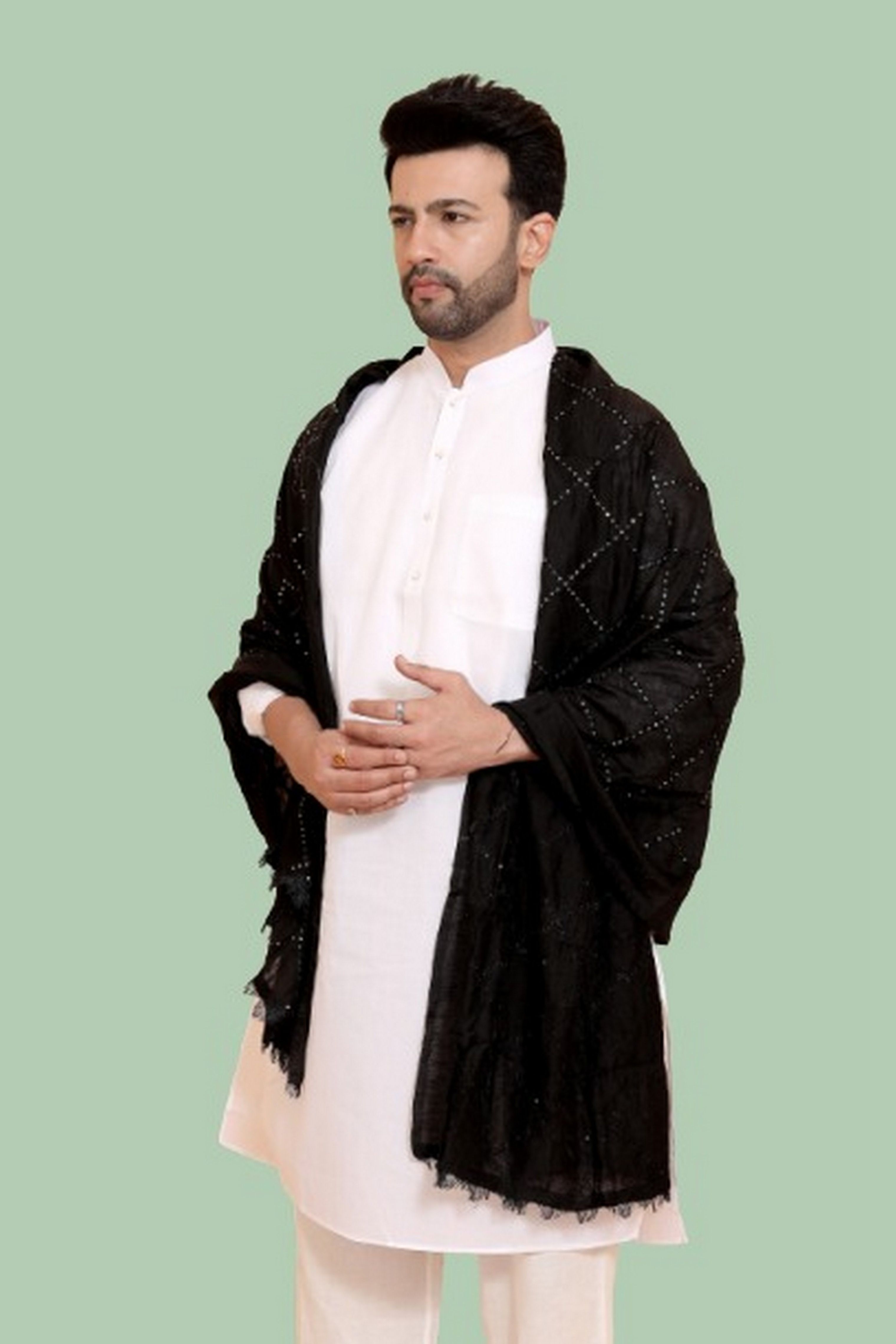 ebadat Cotton Blend Embellished Black Men Dupatta-picture-35