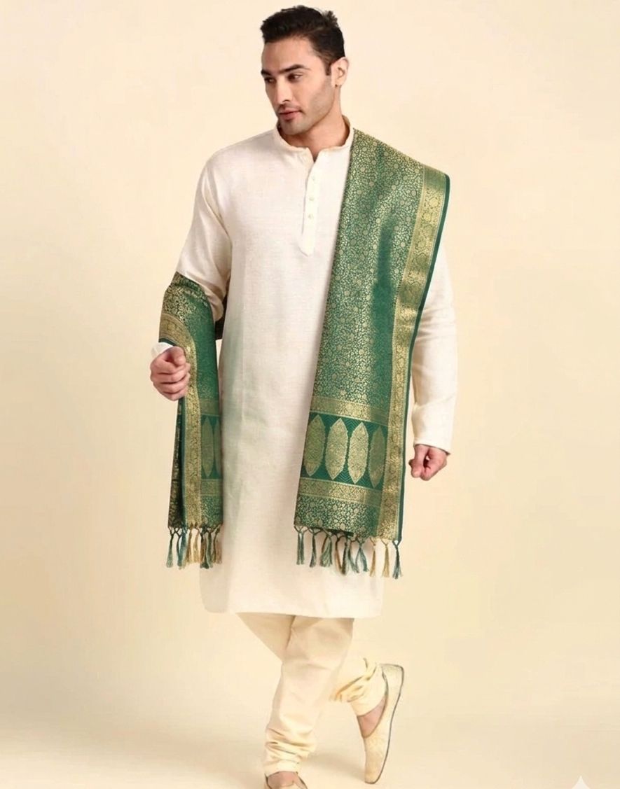 Art Silk Self Design Green Men Dupatta-image-4
