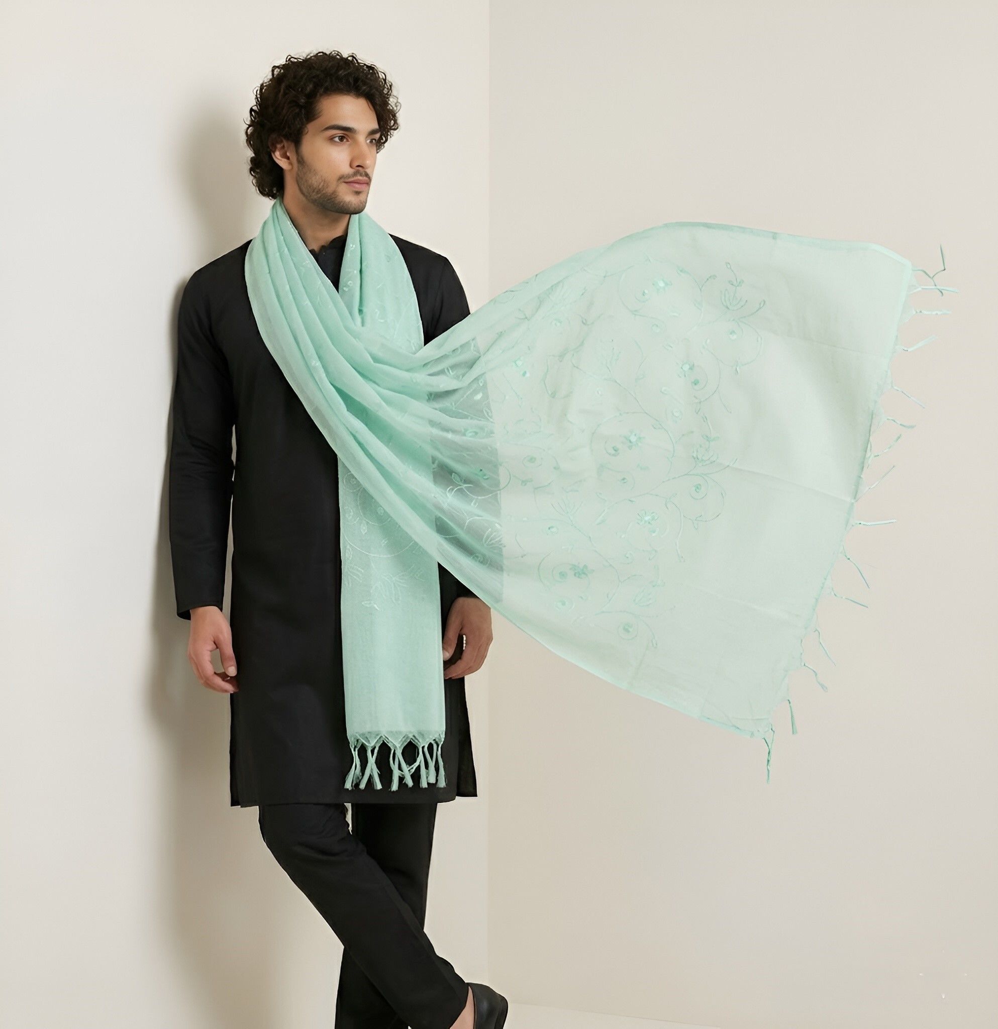 Cotton Blend Embroidered Green Men Dupatta-image-45