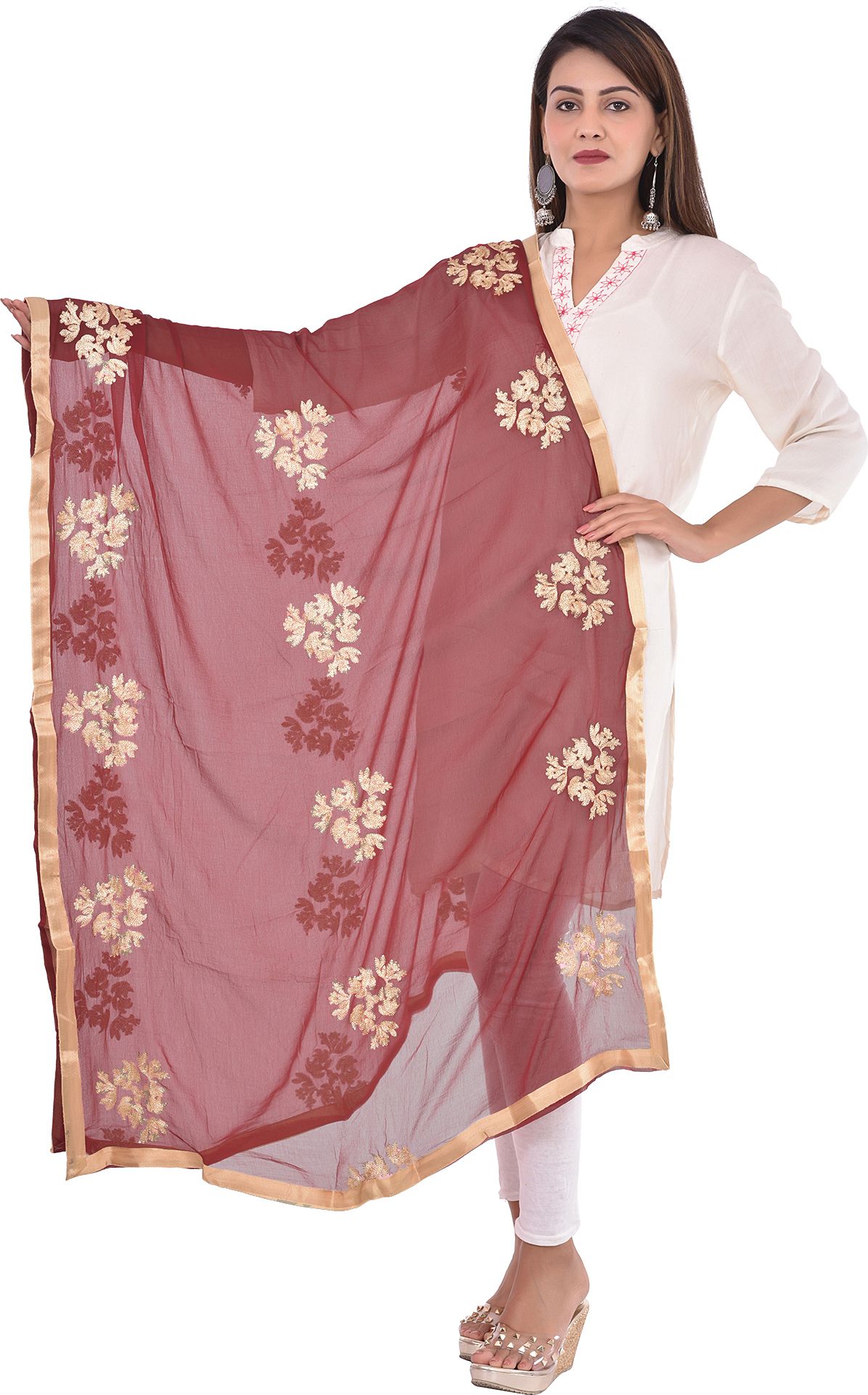 whiteheaven Chiffon Embroidered Maroon Women Dupatta-picture-8