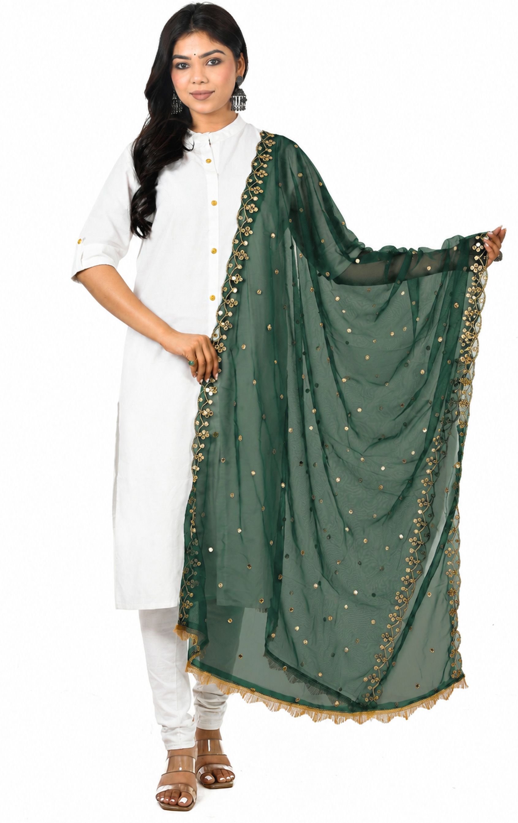 whiteheaven Net Embroidered Dark Green Women Dupatta-picture-12