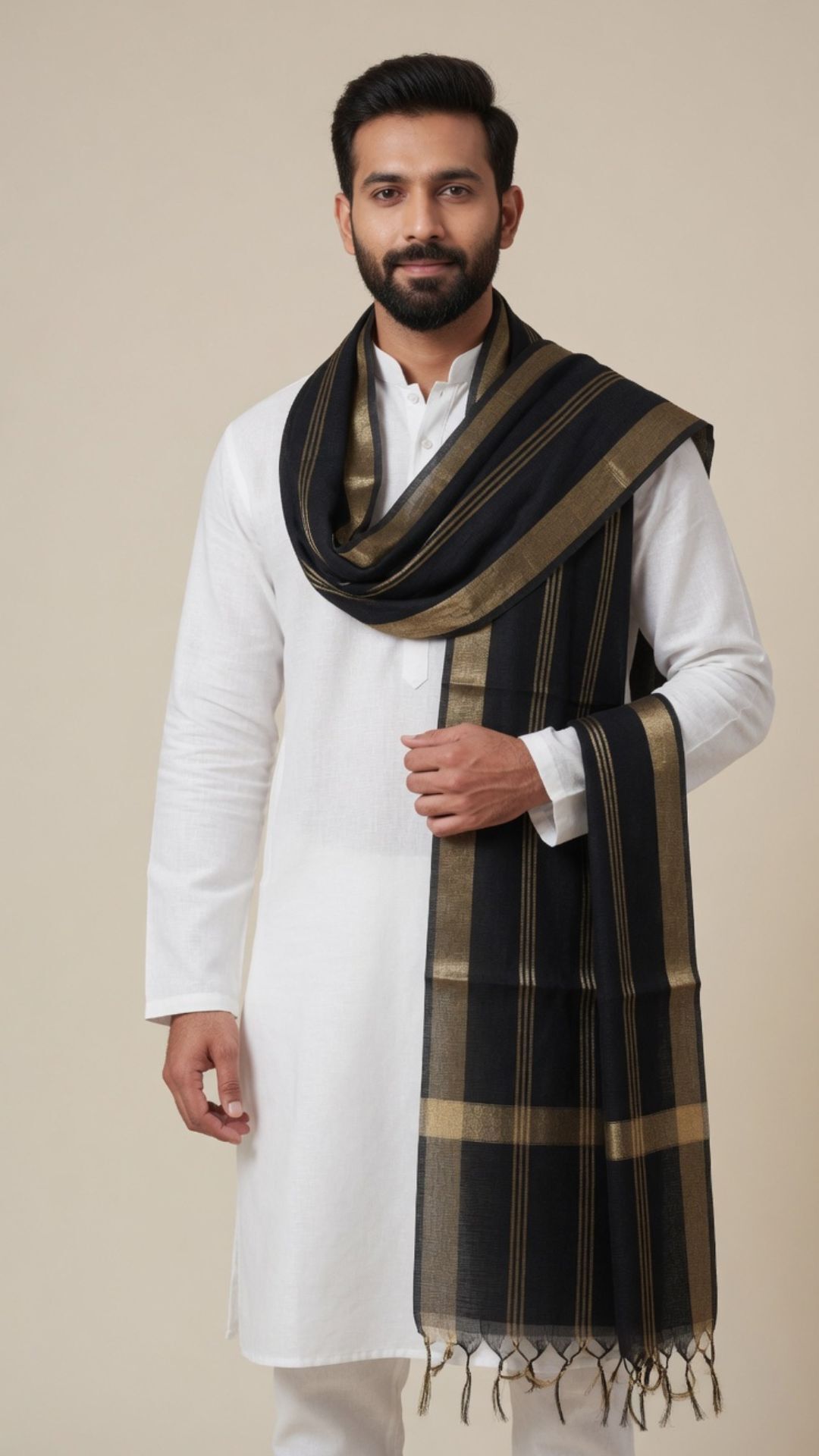 Cotton Silk Embellished Black, Gold Men Dupatta-image-8