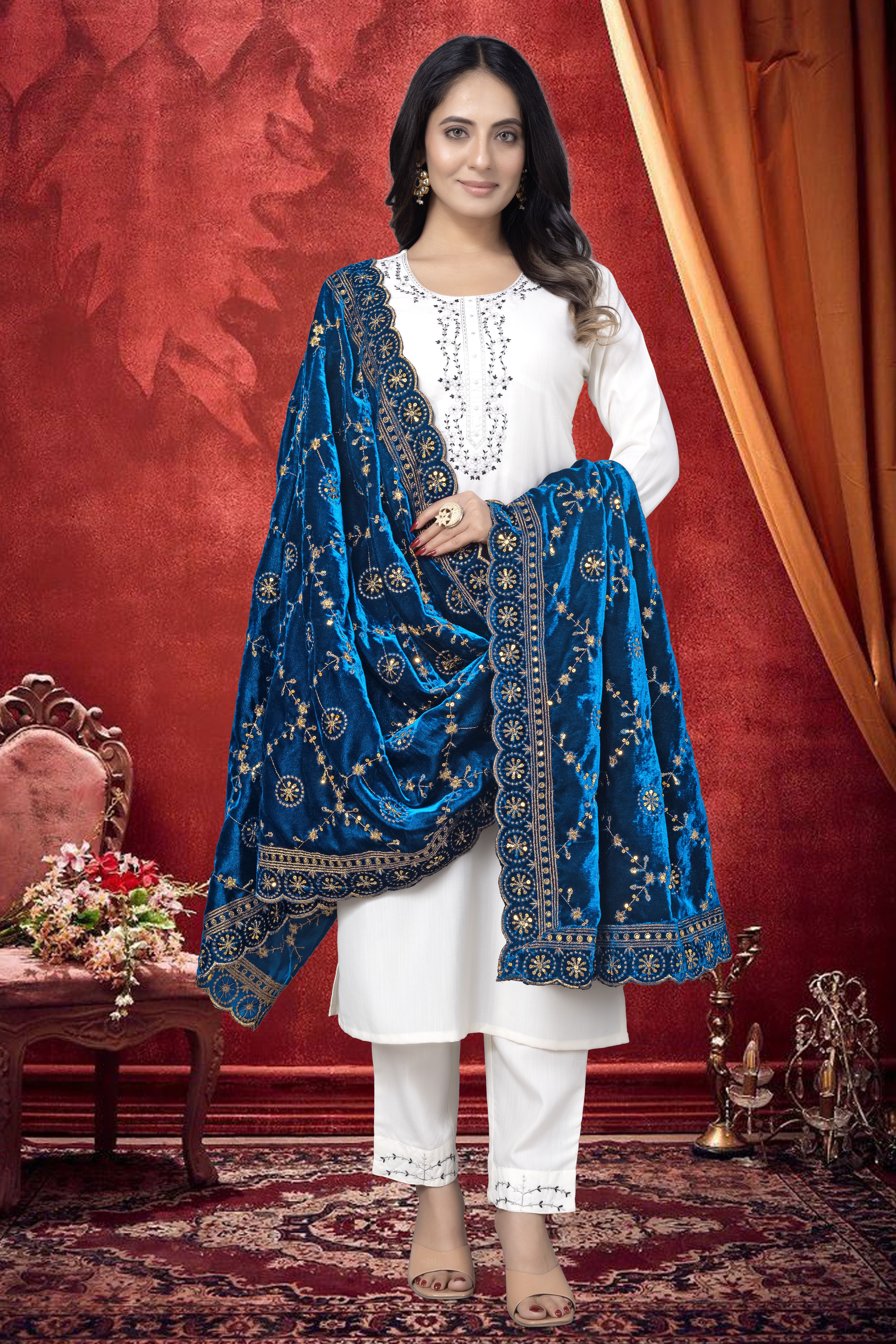 Velvet Embroidered Light Blue Women Dupatta
