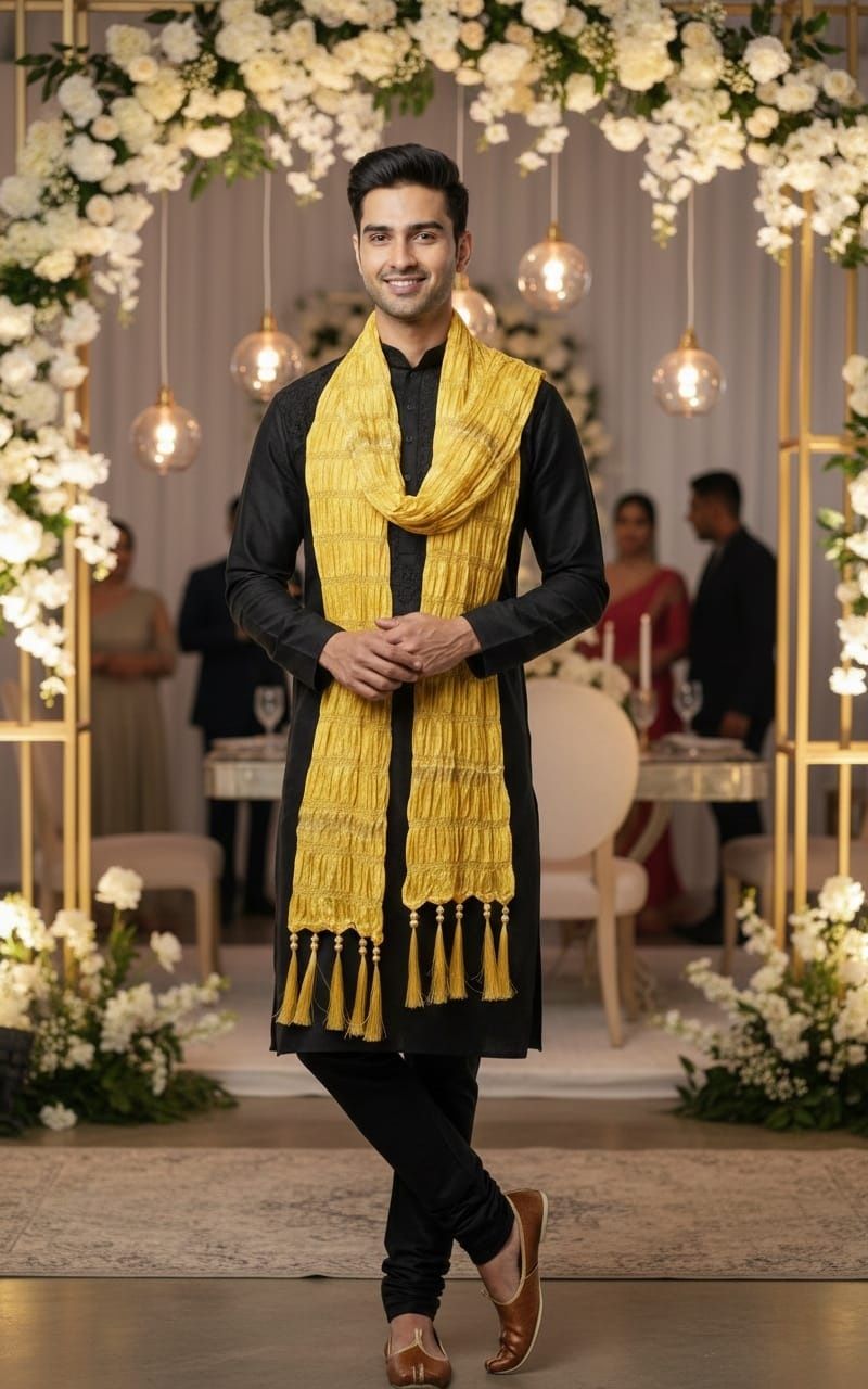 Silk Blend Solid Yellow Men Dupatta