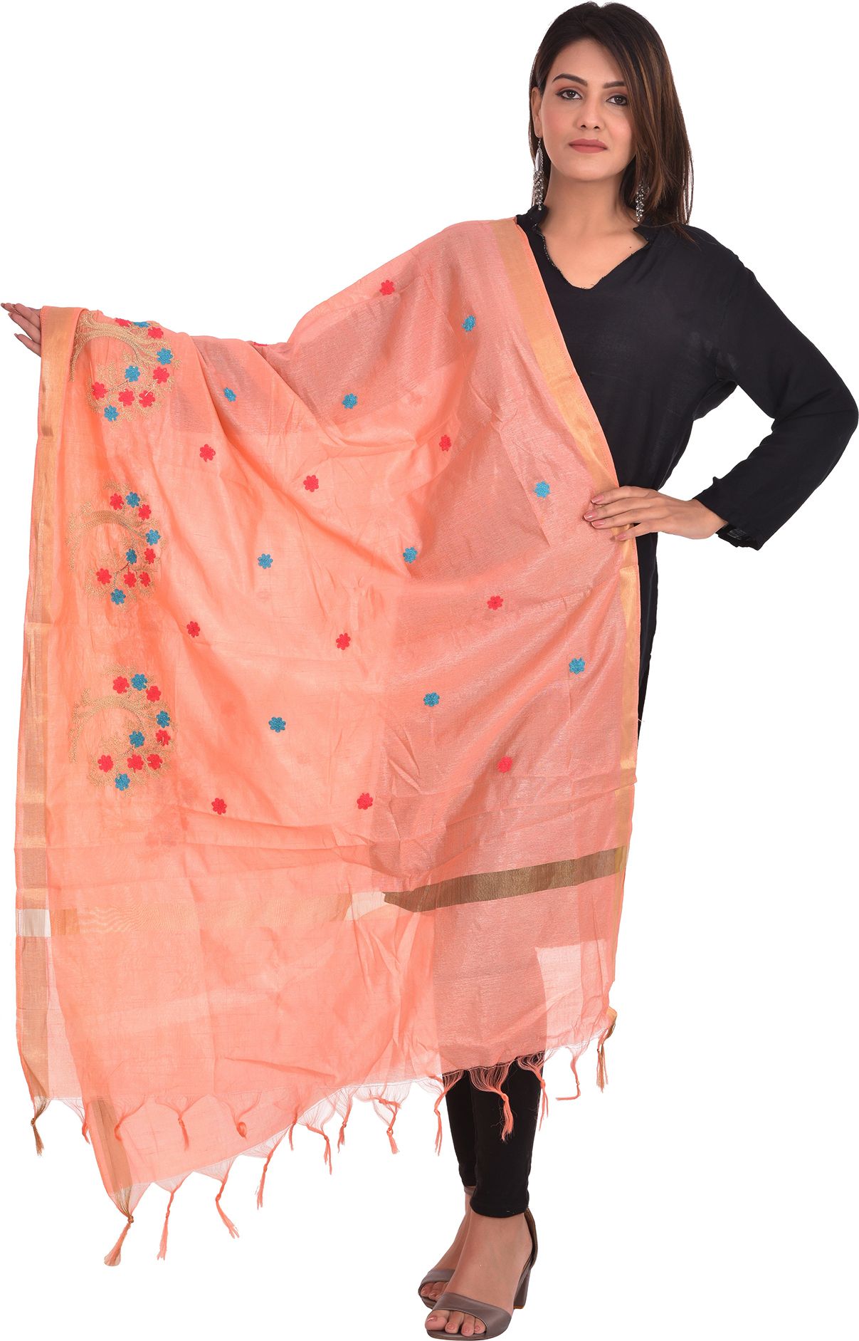 whiteheaven Silk Blend Embroidered Peach Women Dupatta-picture-46