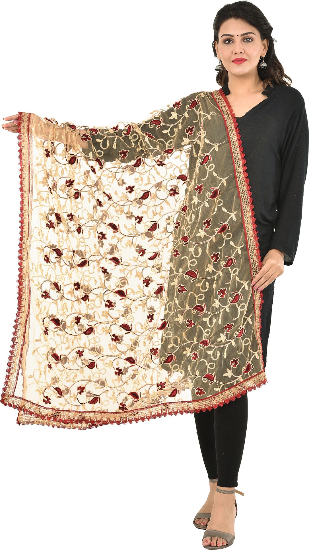 whiteheaven Net Embroidered Maroon Women Dupatta-picture-31