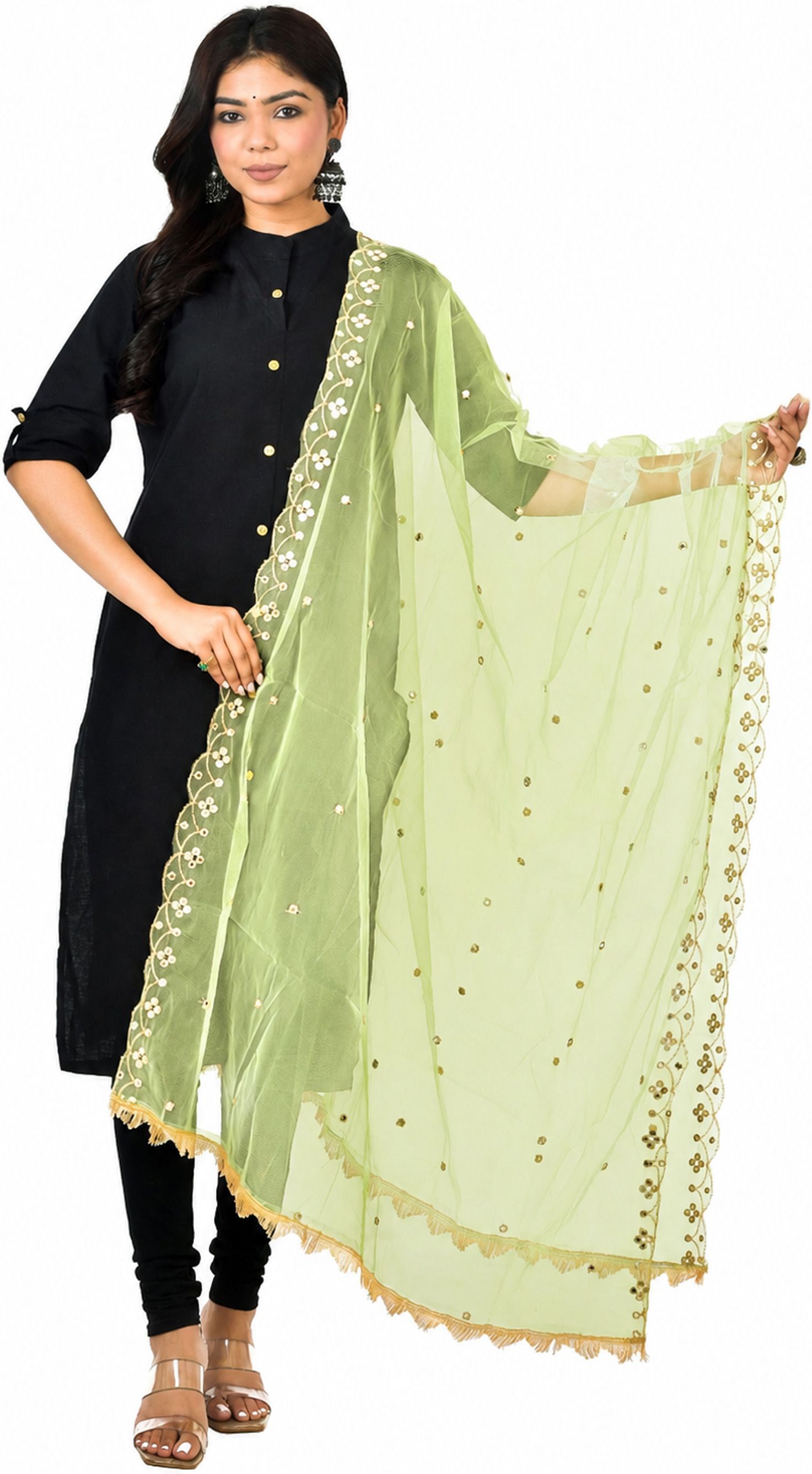 whiteheaven Net Embroidered Light Green Women Dupatta-picture-15