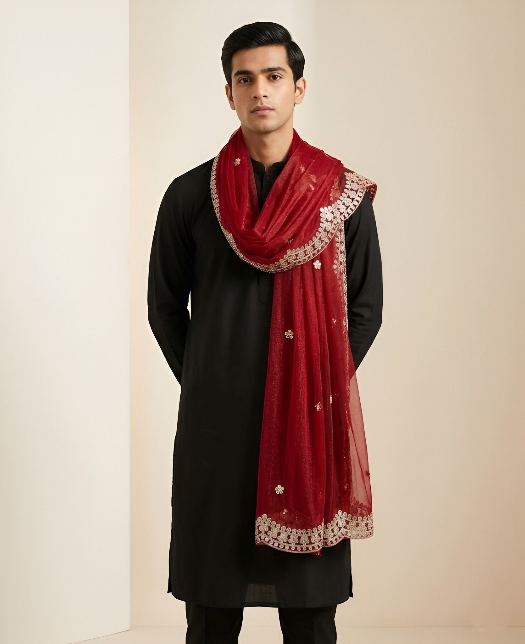 Organza Embroidered Maroon Men Dupatta-image-47