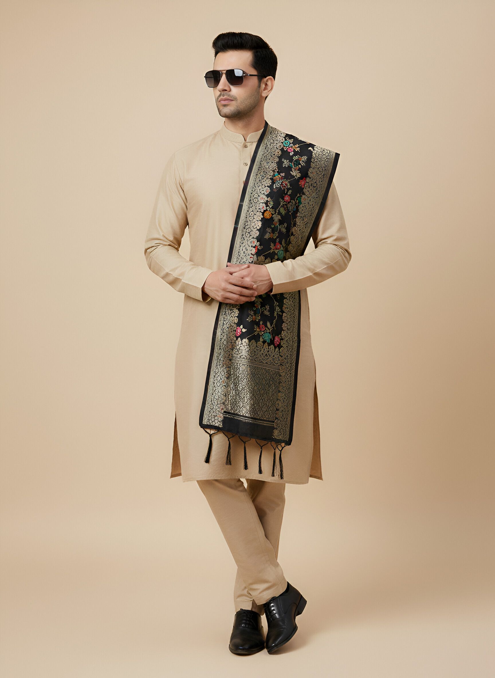 Silk Blend Floral Print Green Men Dupatta-image-1