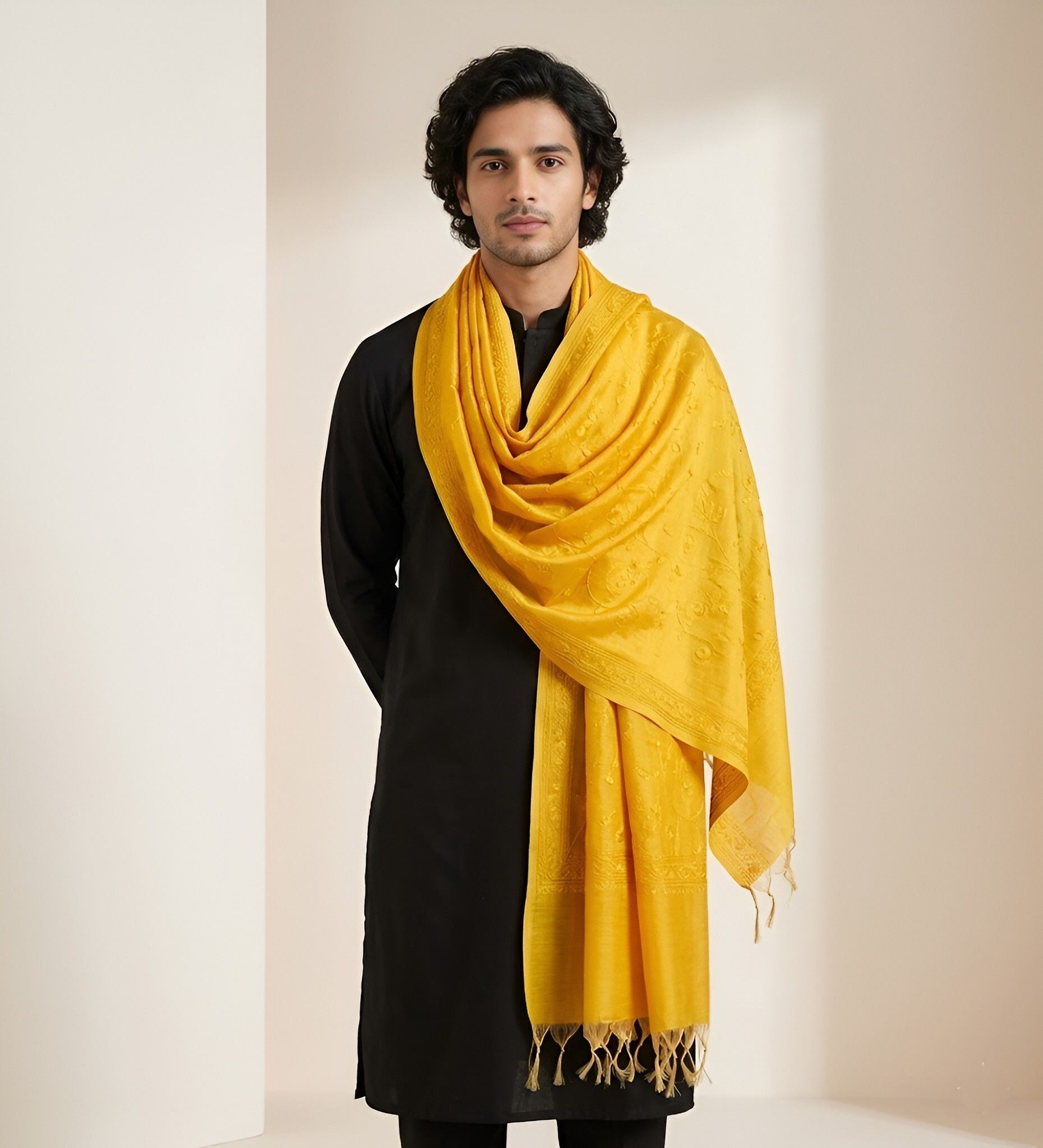 muffly Cotton Blend Embroidered Yellow Men Dupatta-picture-20