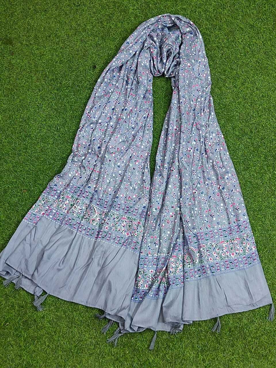 Cotton Blend Floral Print Grey Women Dupatta