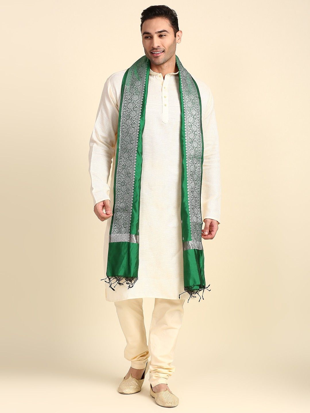 dupatta bazaar Silk Blend Woven Green Men Dupatta-picture-22