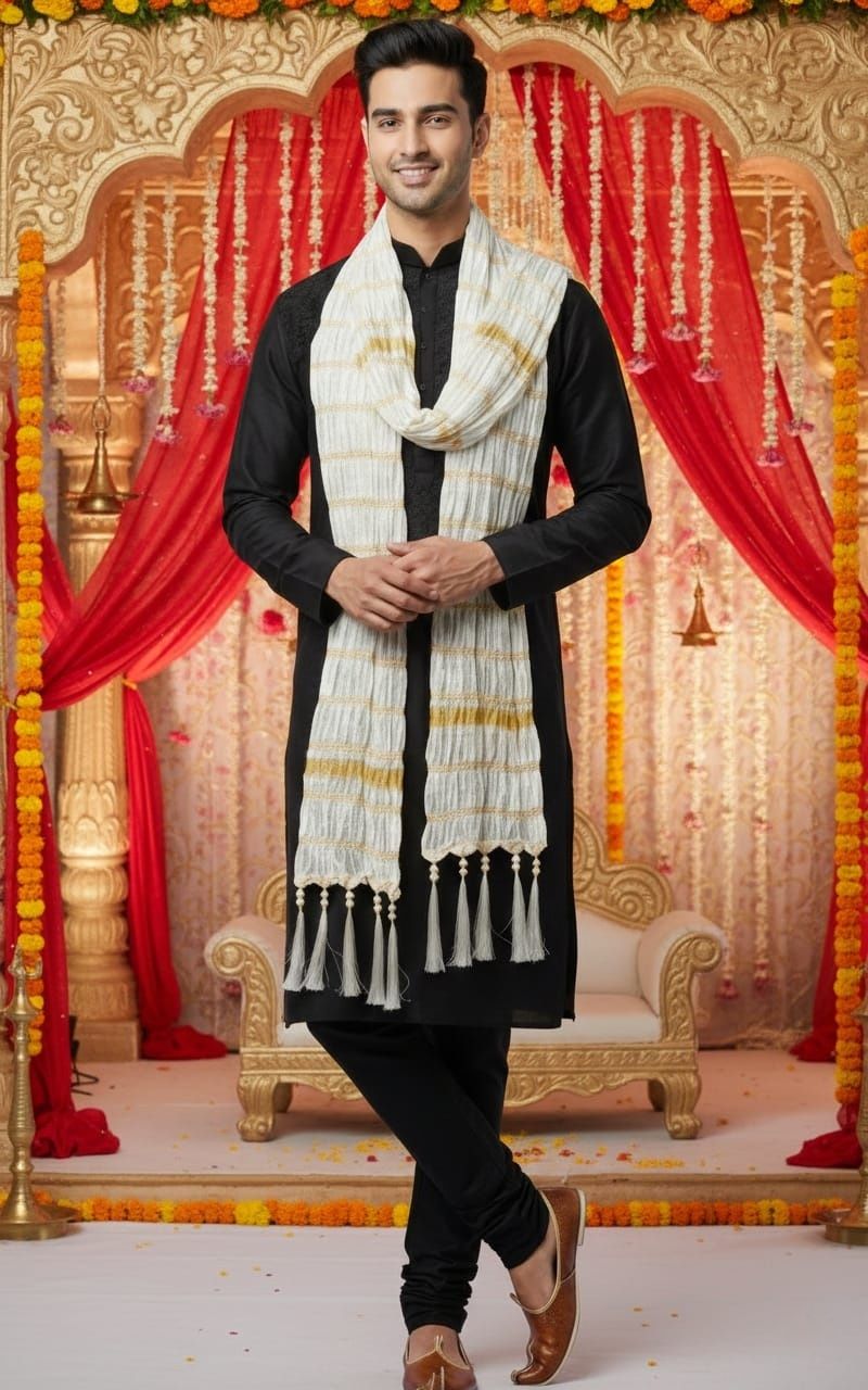 Silk Blend Solid White Men Dupatta