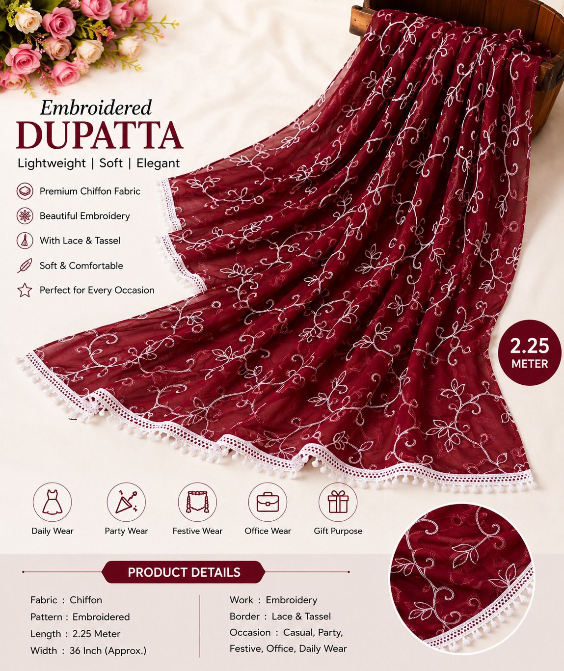 Chiffon Embroidered Maroon Women Dupatta-image-35