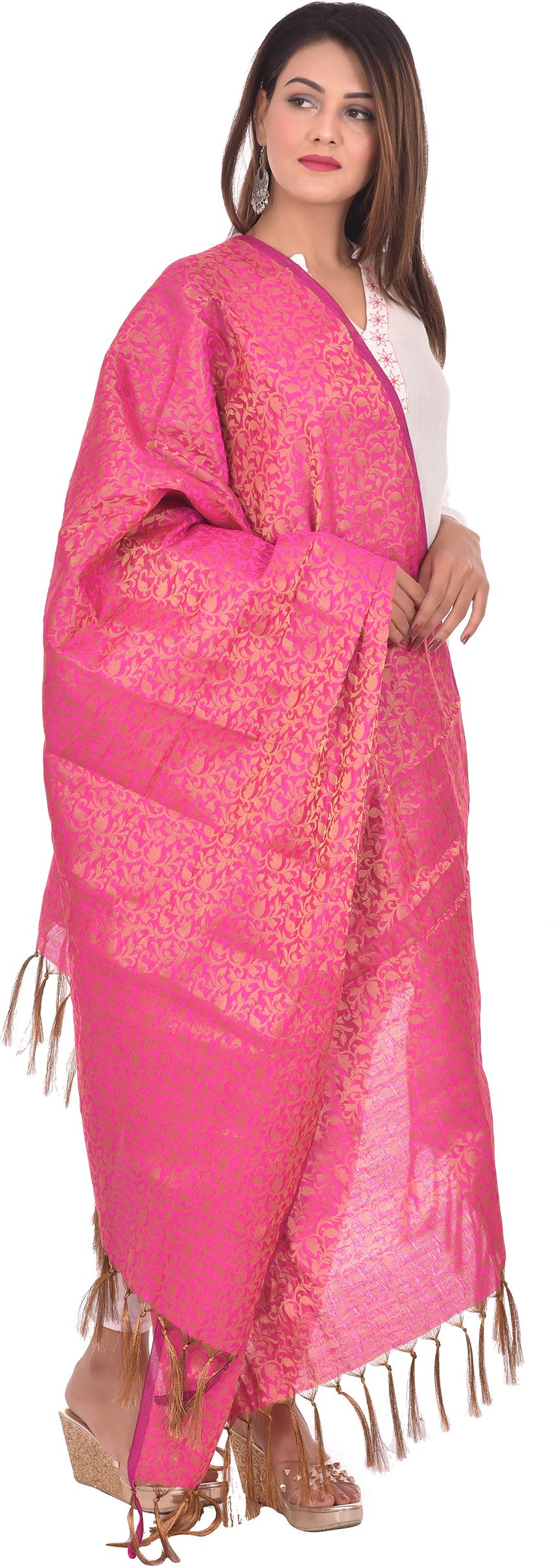 whiteheaven Pure Silk Self Design Pink Women Dupatta-picture-16