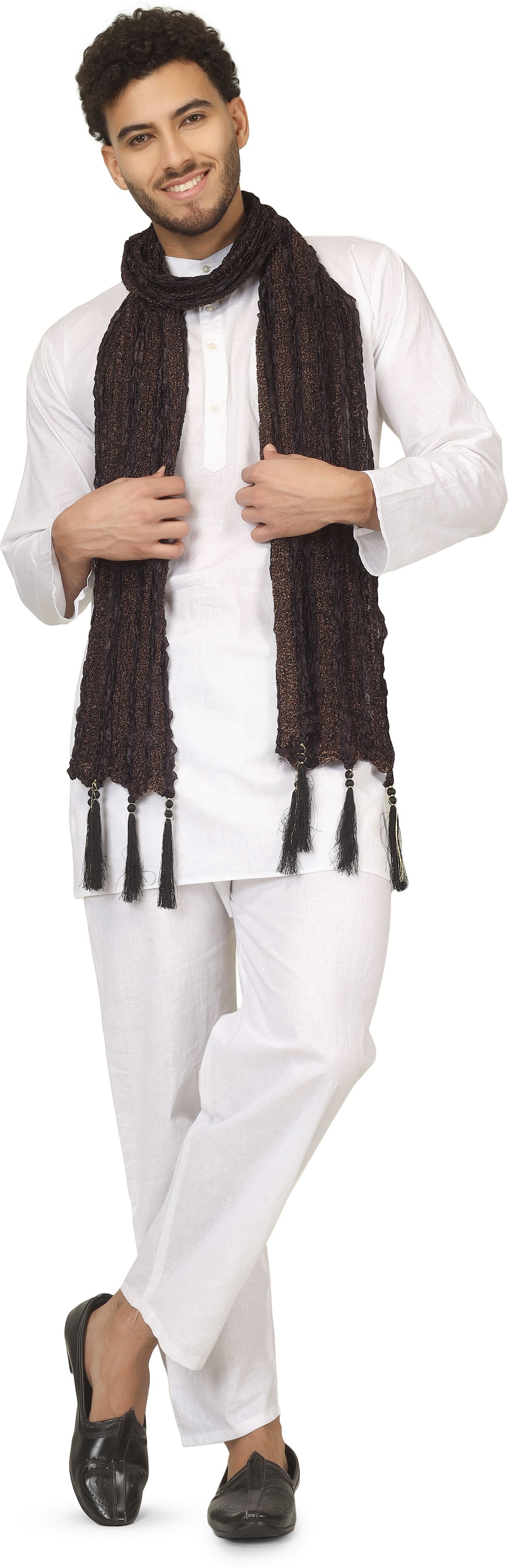 Art Silk Self Design Brown Men Dupatta-image-42