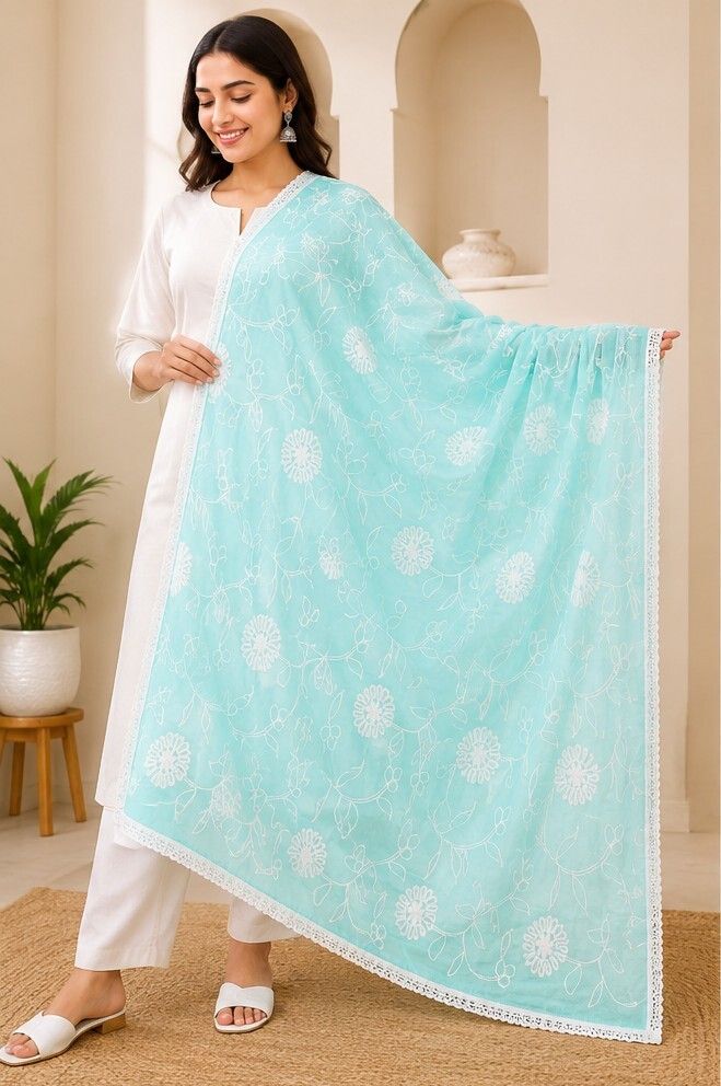 Pure Cotton Embroidered Blue Women Dupatta-image-17