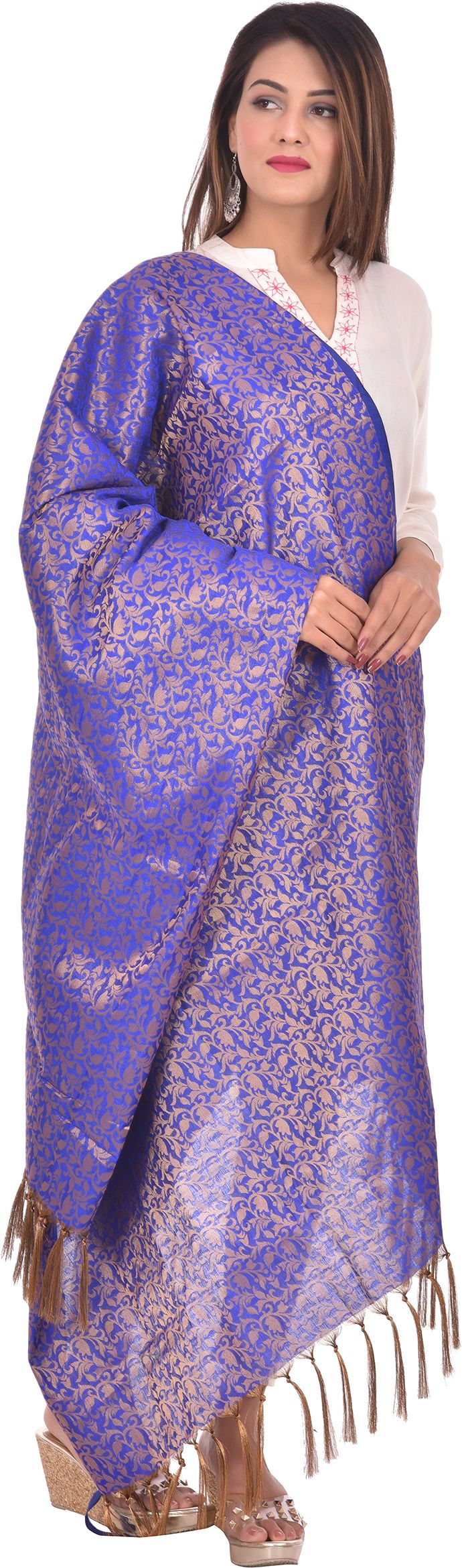 whiteheaven Pure Silk Self Design Blue Women Dupatta-picture-4