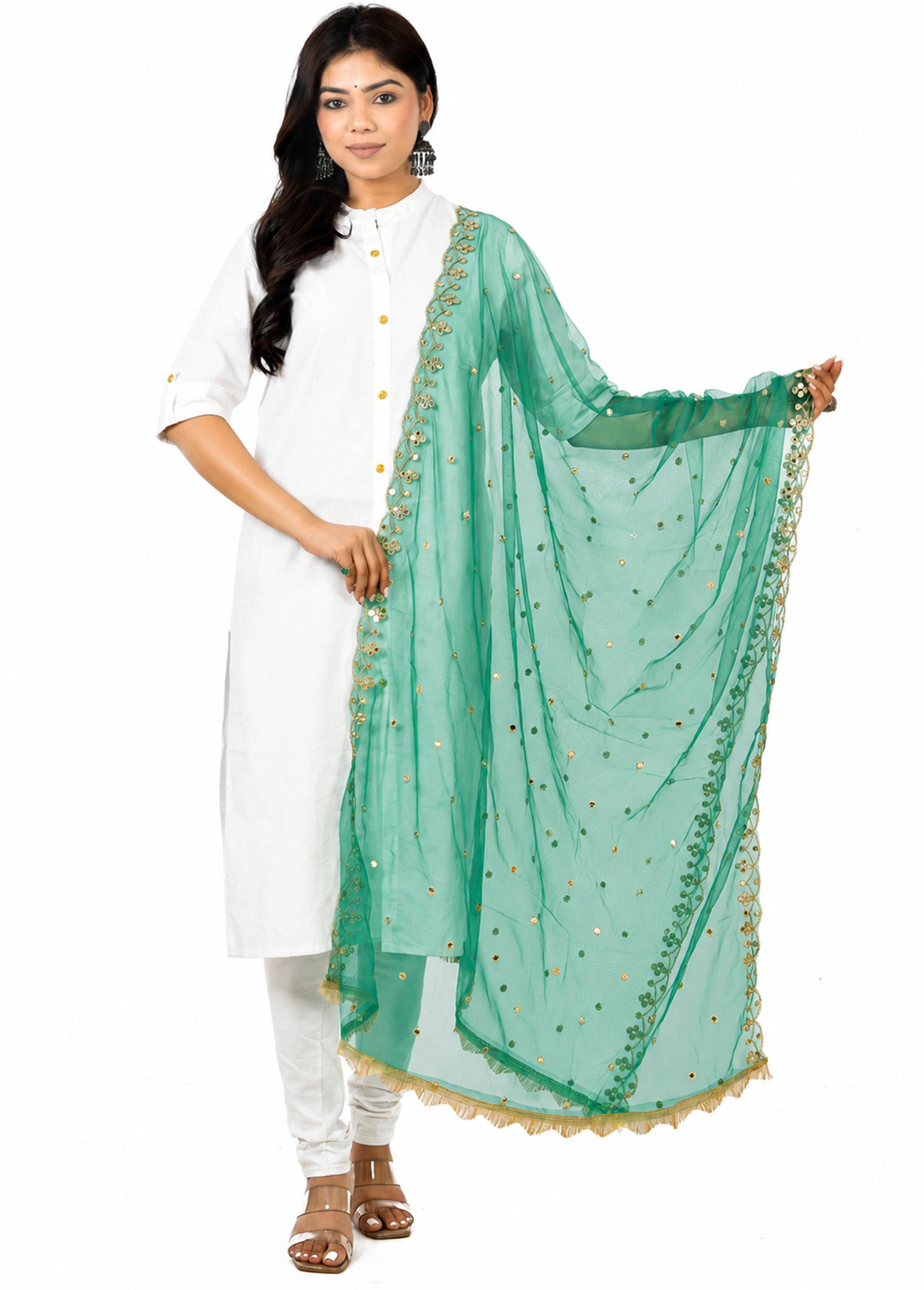 whiteheaven Net Embroidered Light Green Women Dupatta-picture-16