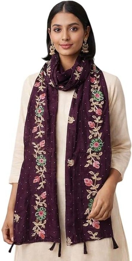 Polycotton, Cotton Blend Embroidered, Floral Print Black Women Dupatta-image-4
