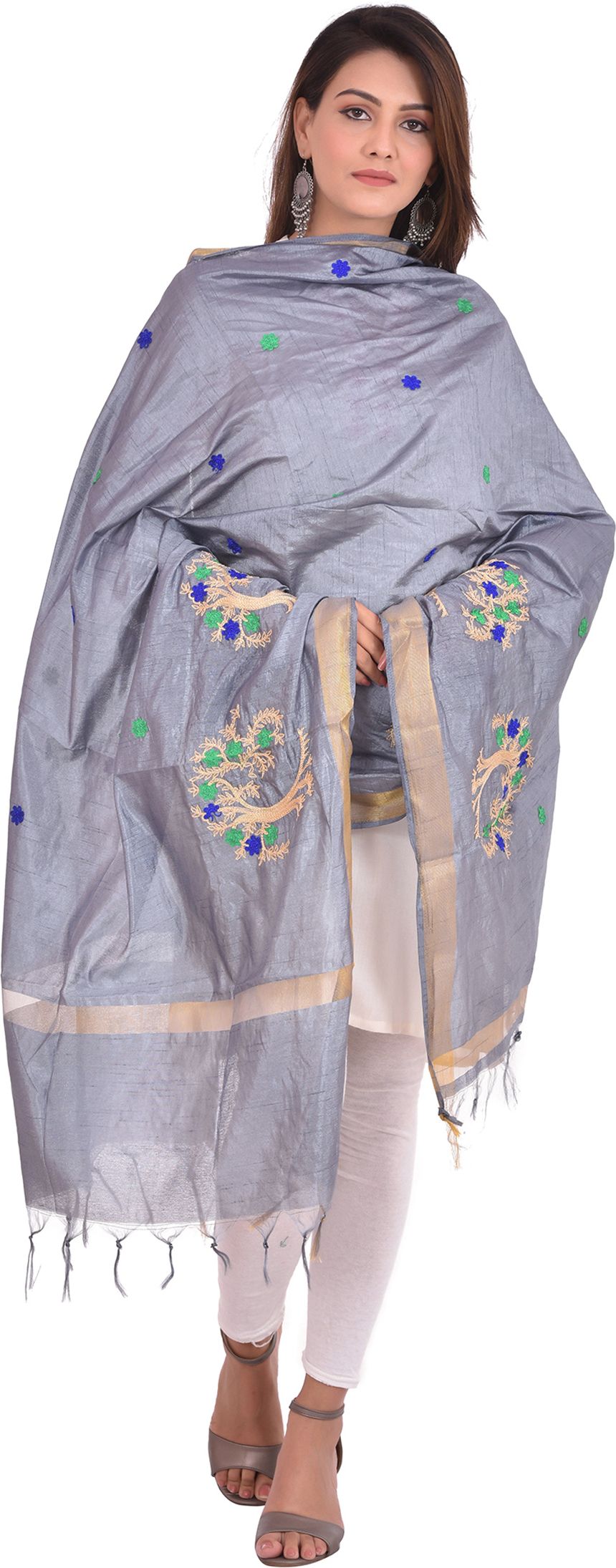 whiteheaven Silk Blend Embroidered Grey Women Dupatta-picture-0