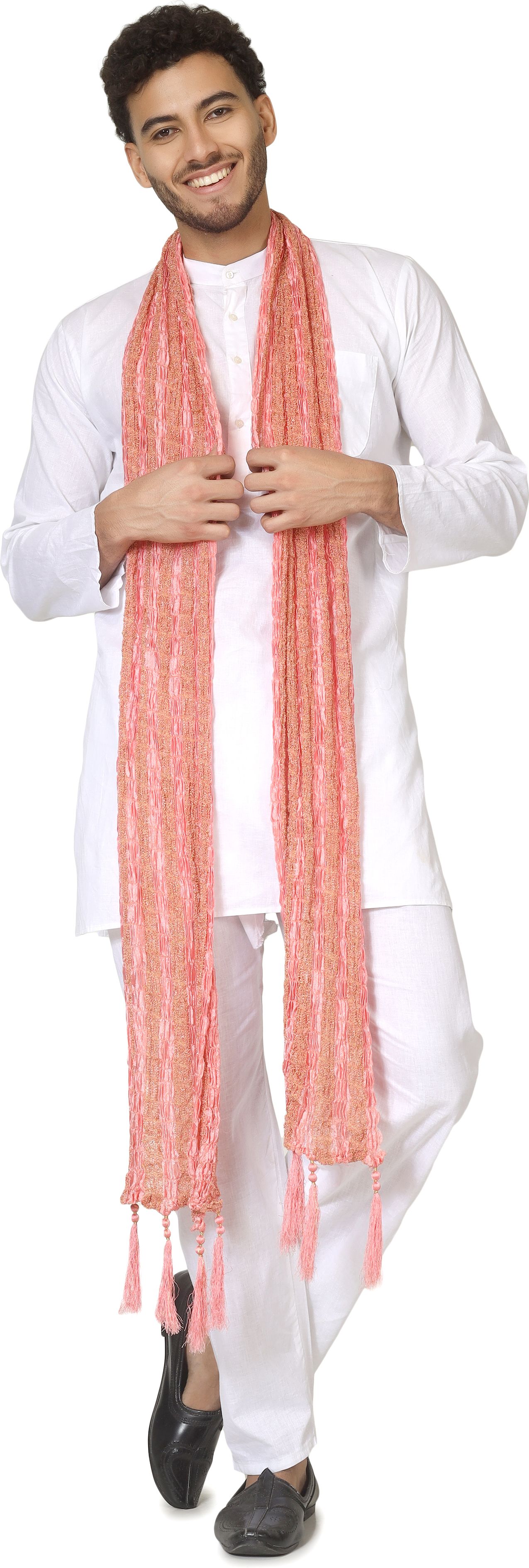 Art Silk Self Design Peach Men Dupatta-image-44