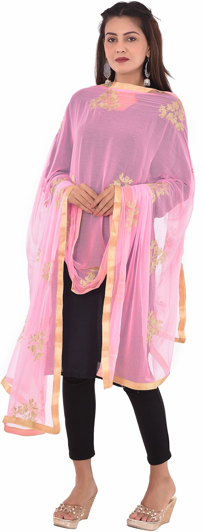 whiteheaven Chiffon Embroidered Pink Women Dupatta-picture-19