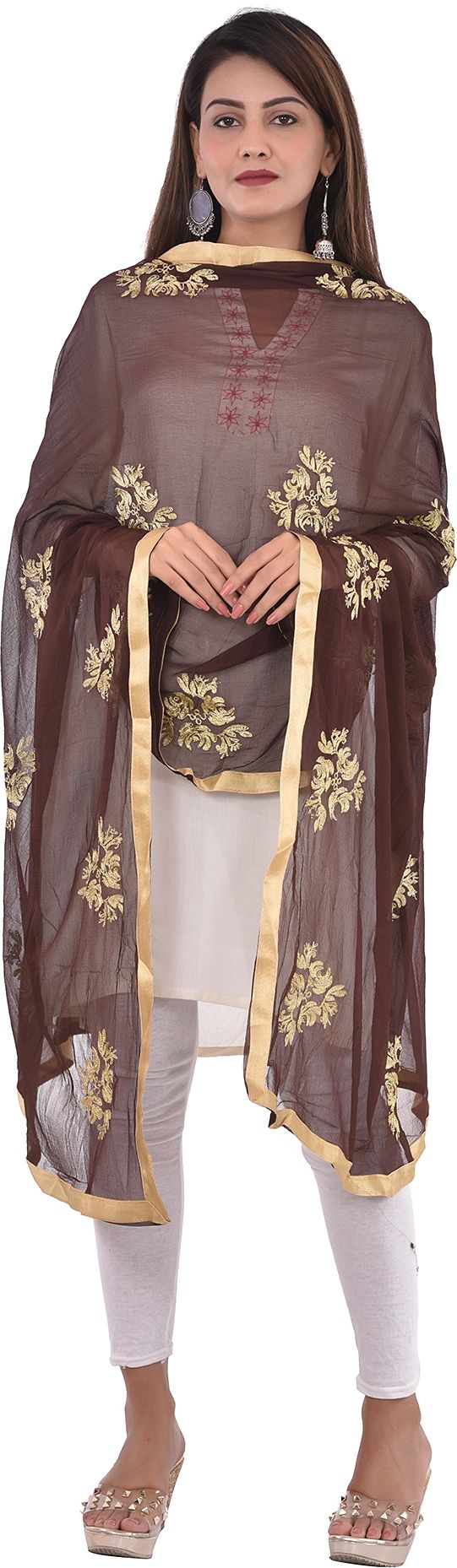 whiteheaven Chiffon Embroidered Brown Women Dupatta-picture-17