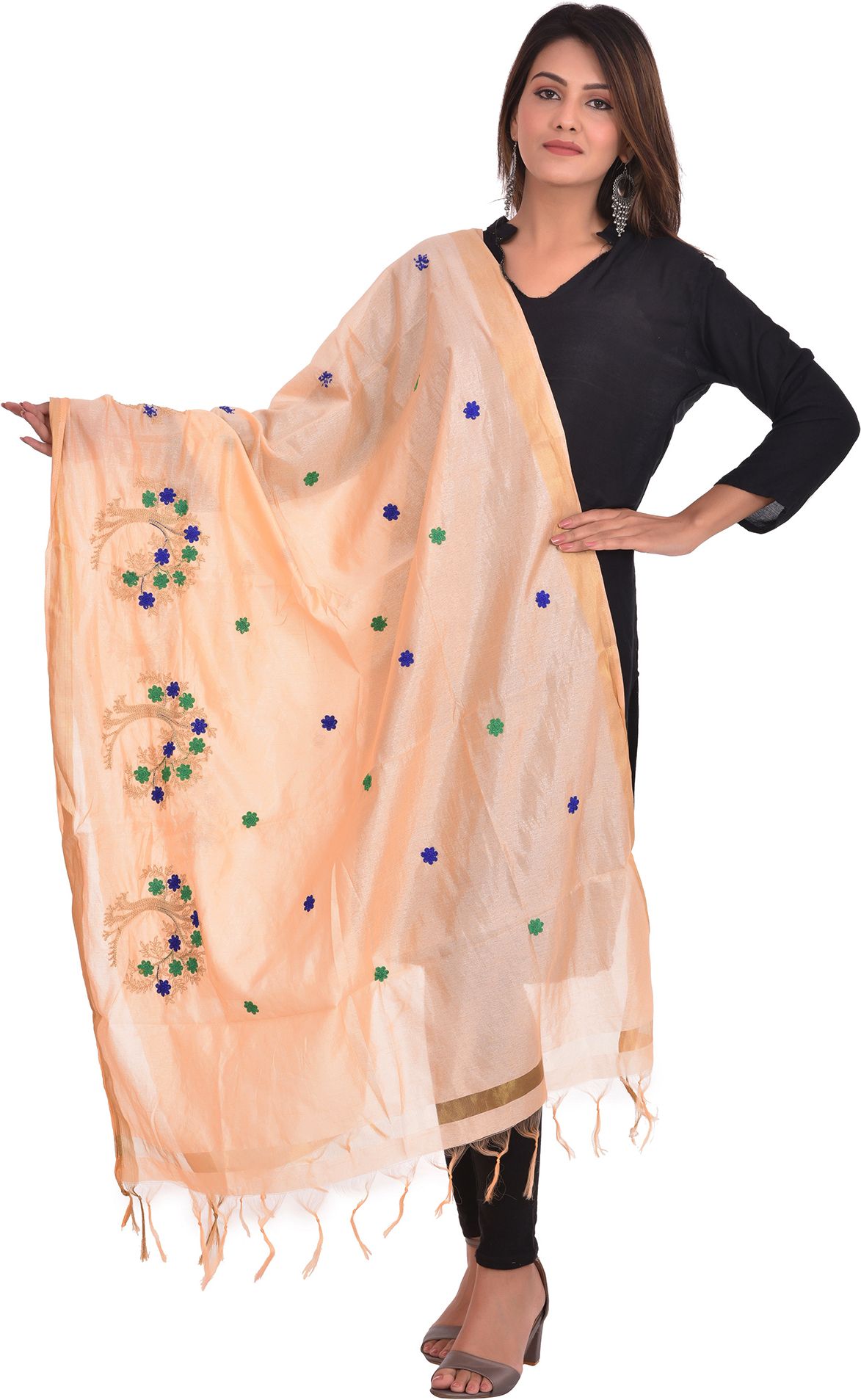 whiteheaven Silk Blend Embroidered Peach Women Dupatta-picture-45