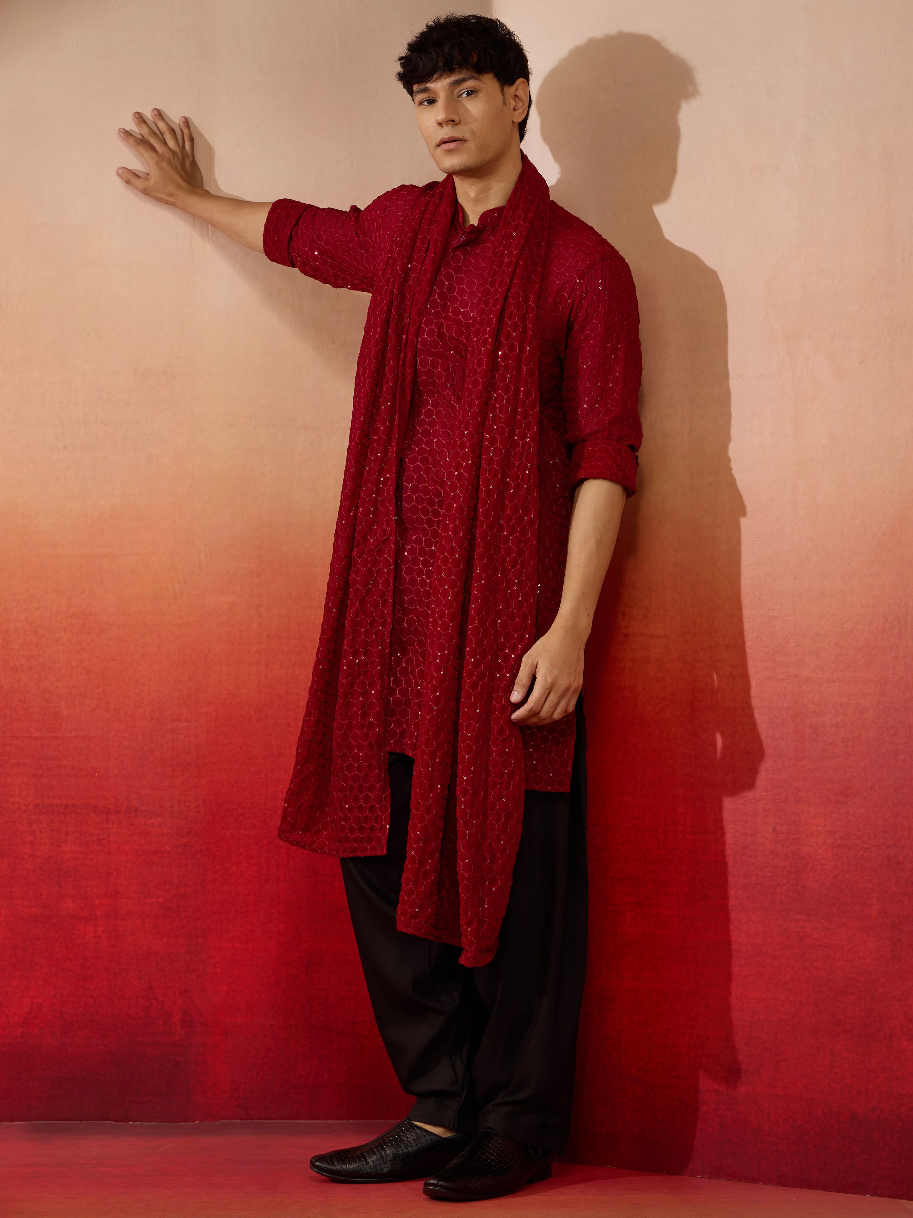 vastramay Georgette Solid Red Men Dupatta-picture-15