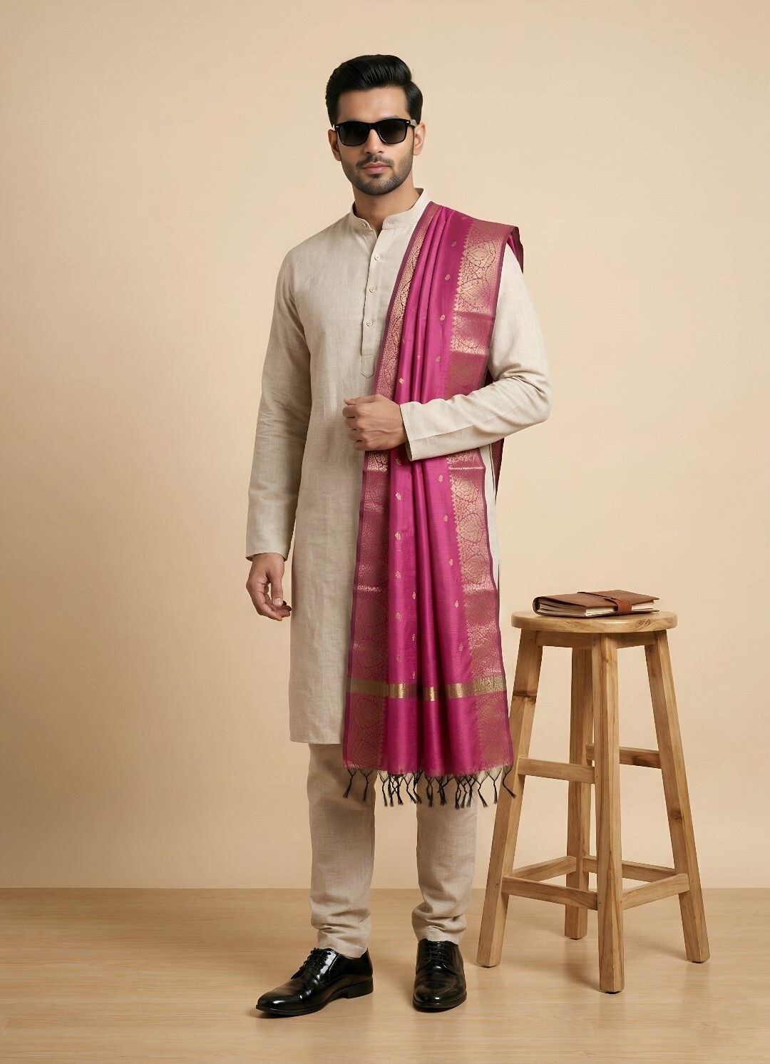 muffly Pure Silk Woven Pink Men Dupatta-picture-13