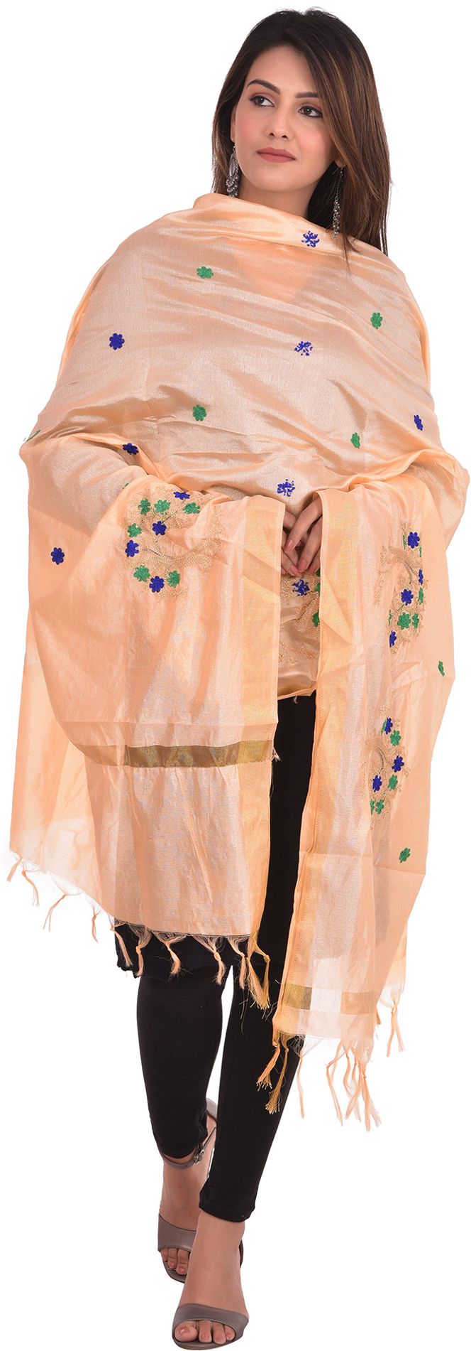 whiteheaven Silk Blend Embroidered Peach Women Dupatta-picture-10