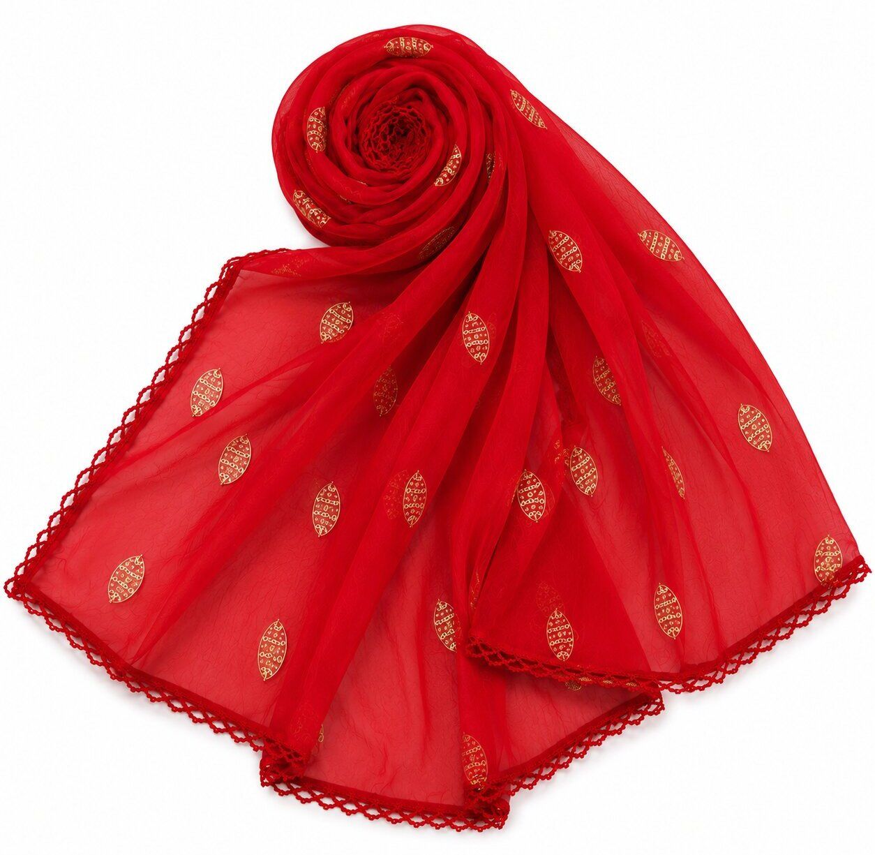 groundfashion Chiffon Solid, Embellished, Applique Red Women Dupatta-picture-9
