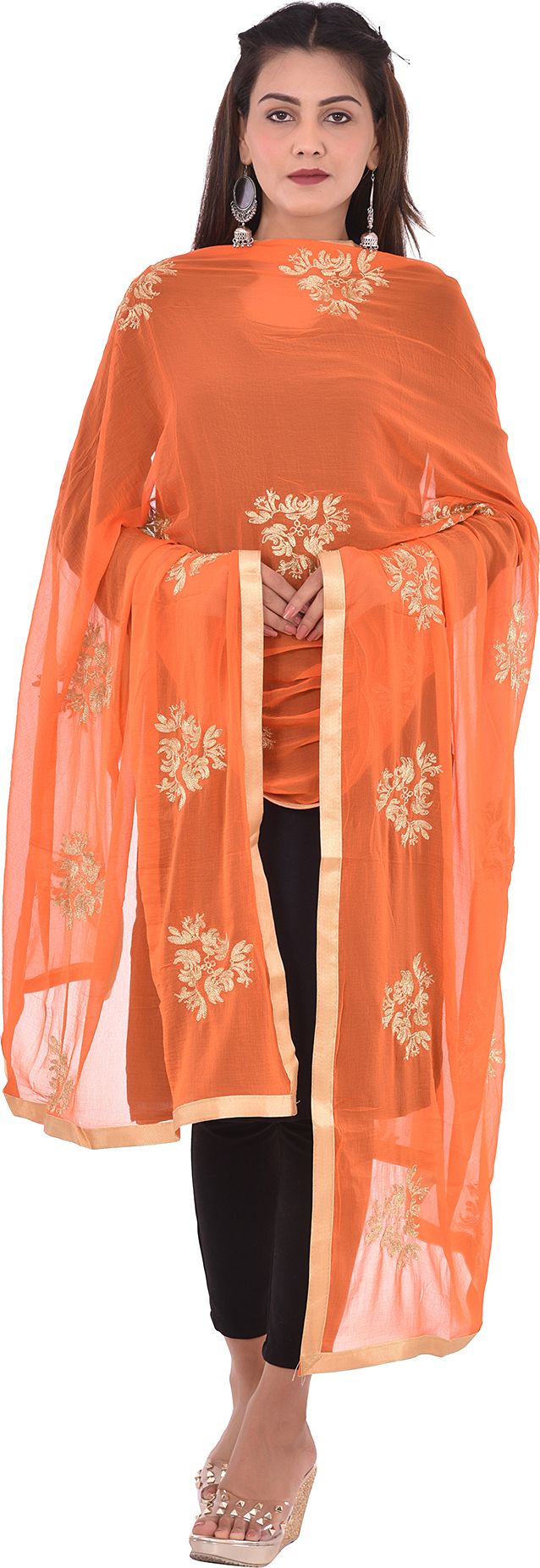 whiteheaven Chiffon Embroidered Orange Women Dupatta-picture-45