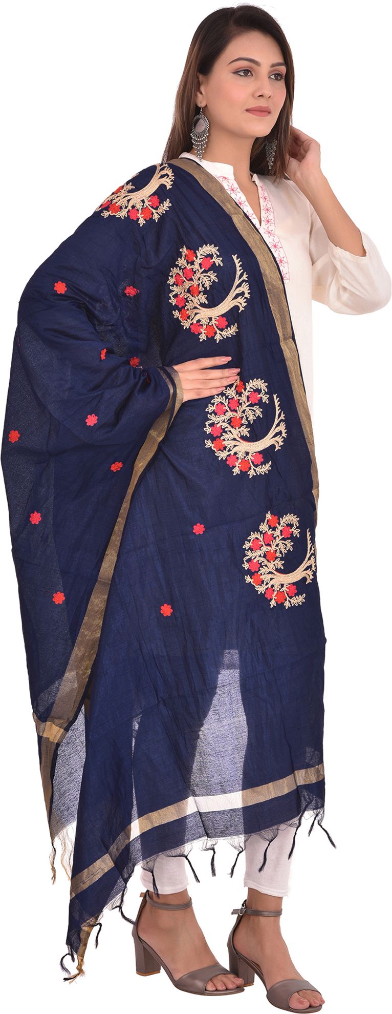whiteheaven Silk Blend Embroidered Dark Blue Women Dupatta-picture-5