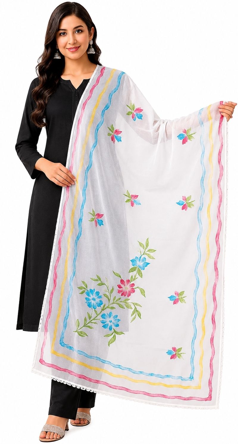 Chiffon Hand Painted, Self Design White Women Dupatta-image-31