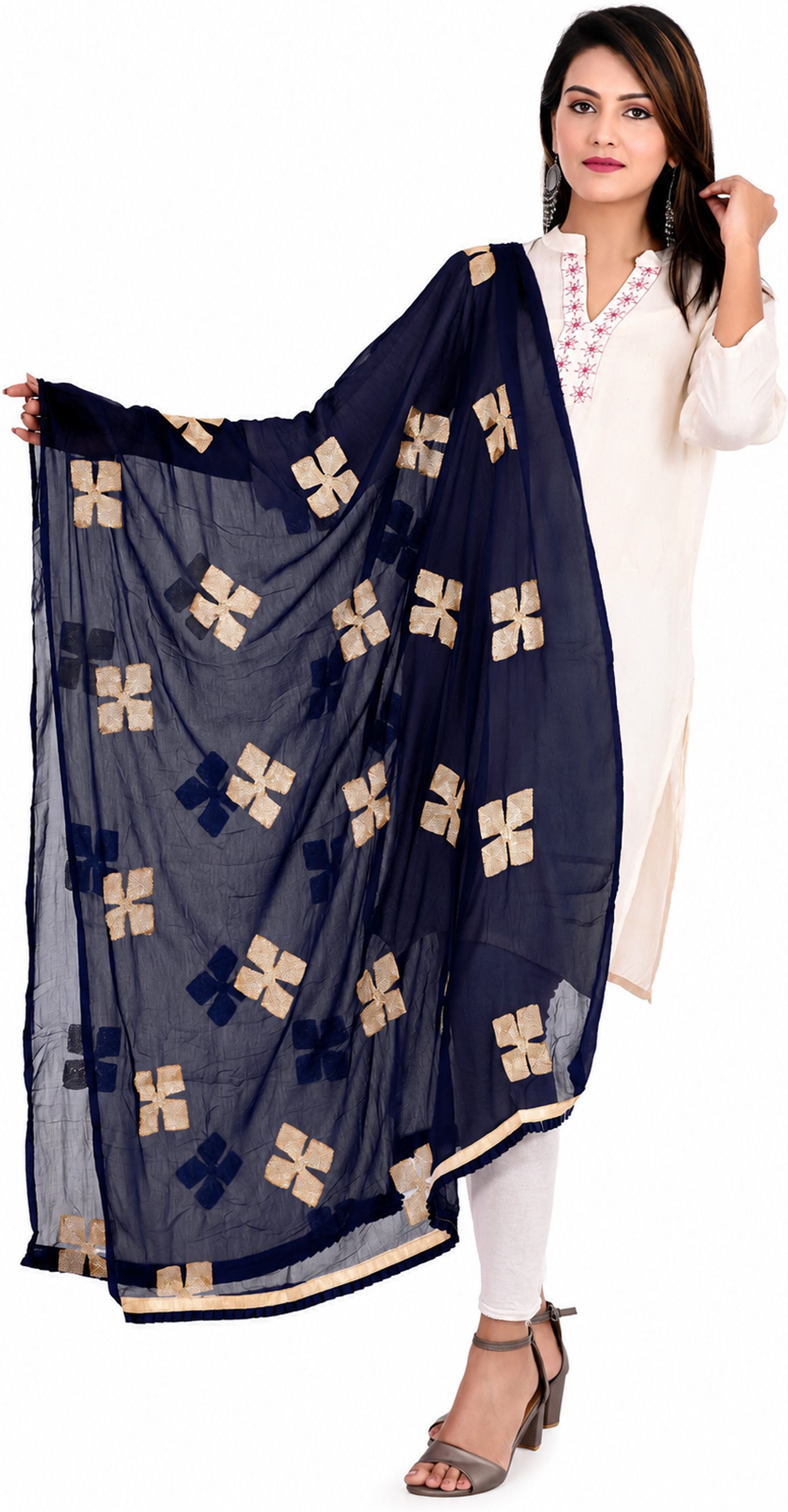 whiteheaven Chiffon Embroidered Dark Blue Women Dupatta-picture-8
