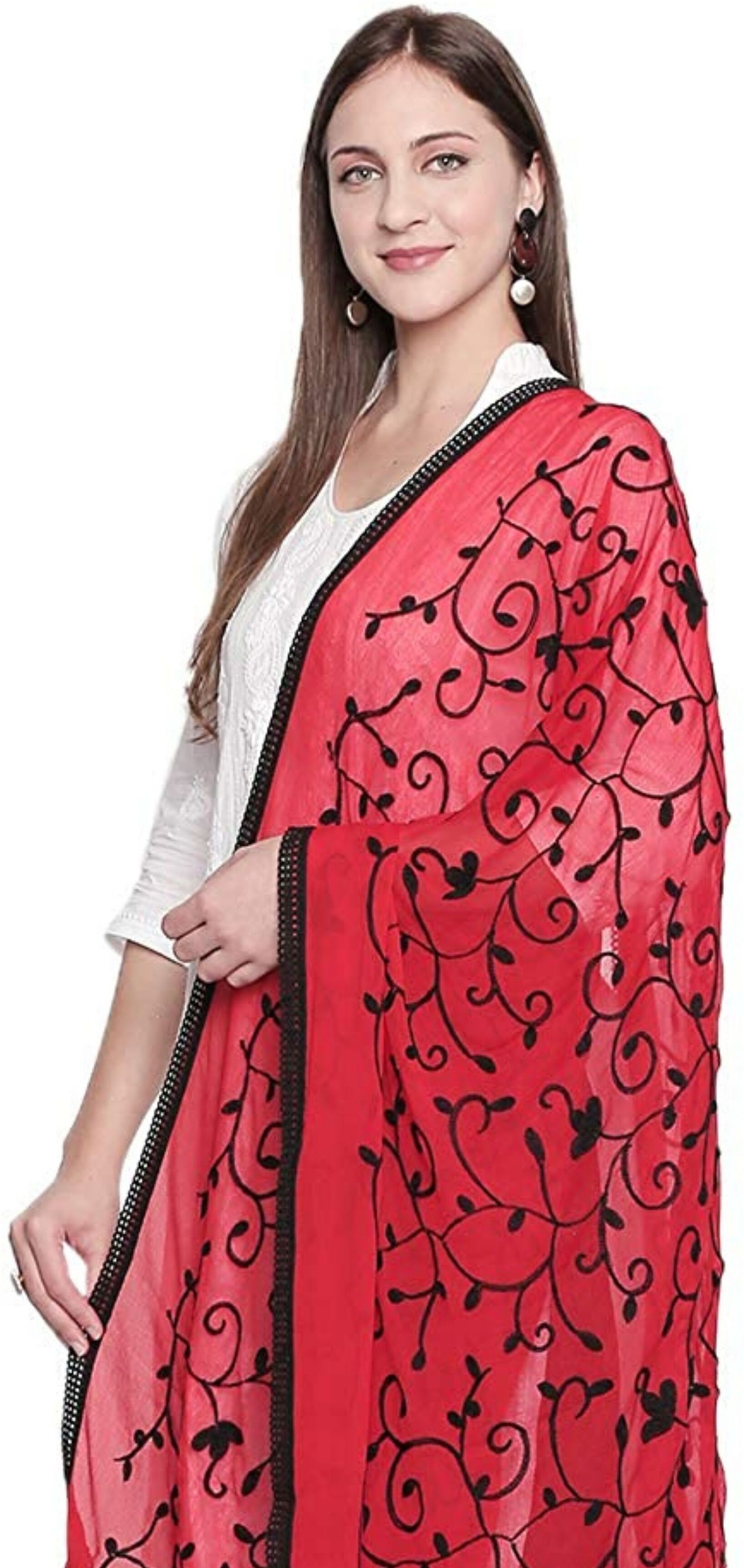 Chiffon Embroidered Red, Black Women Dupatta-image-42