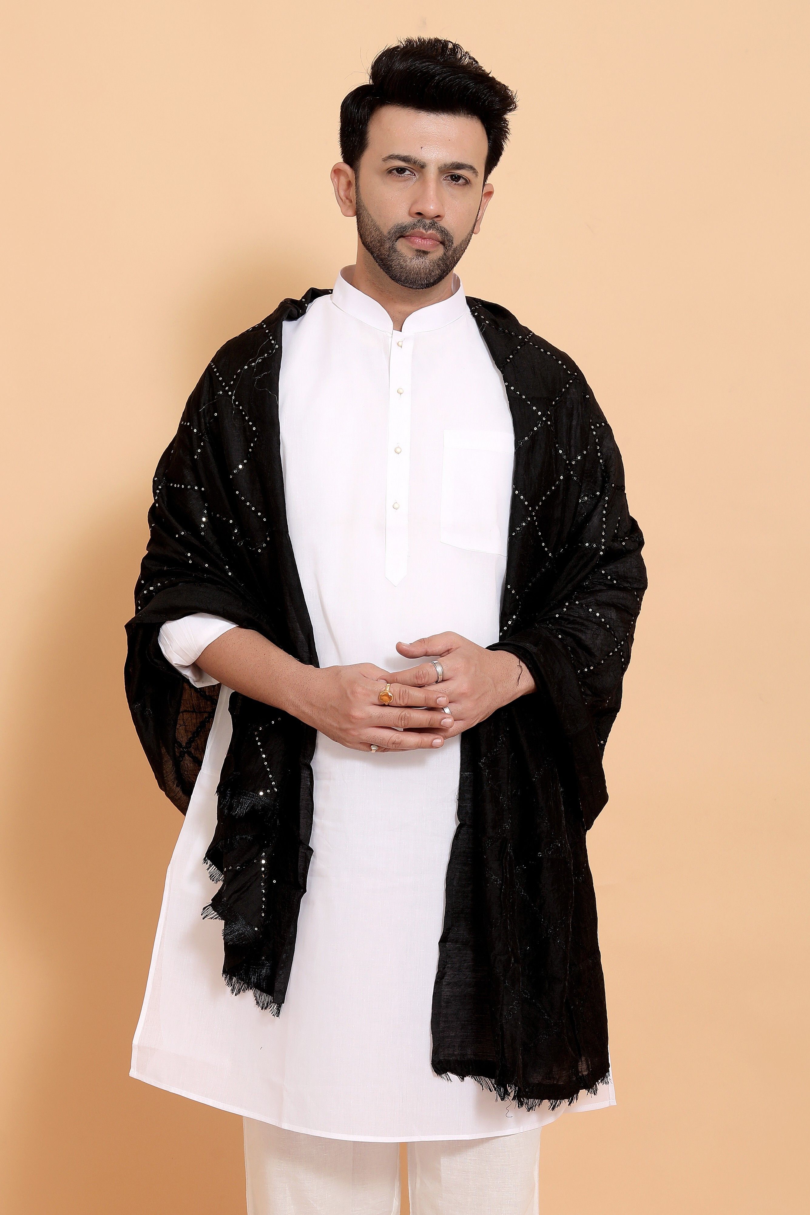 ebadat Poly Chanderi Self Design Black Men Dupatta-picture-20