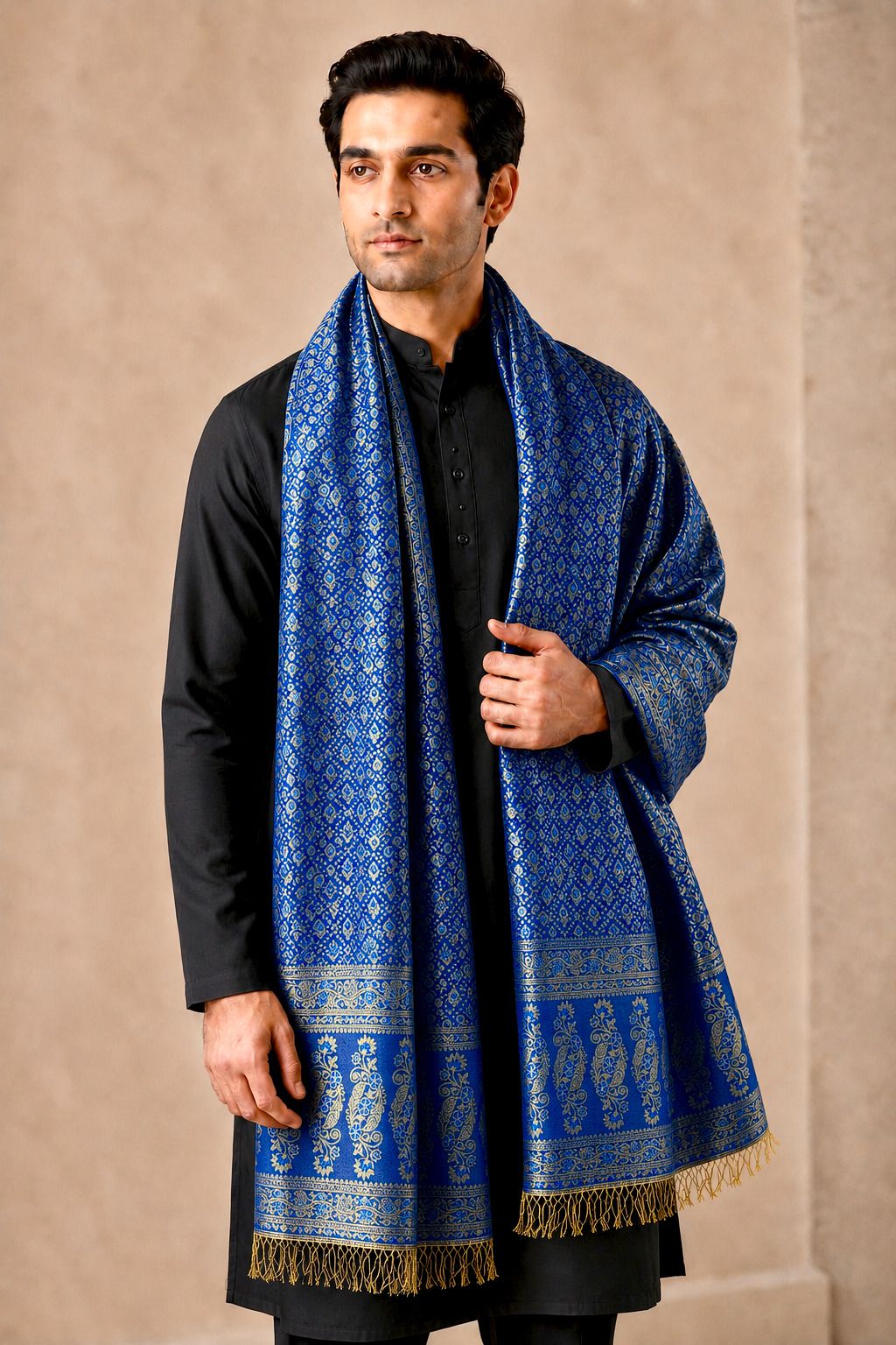 brocade weaves Satin Blend Woven, Self Design Blue Men Dupatta-picture-20