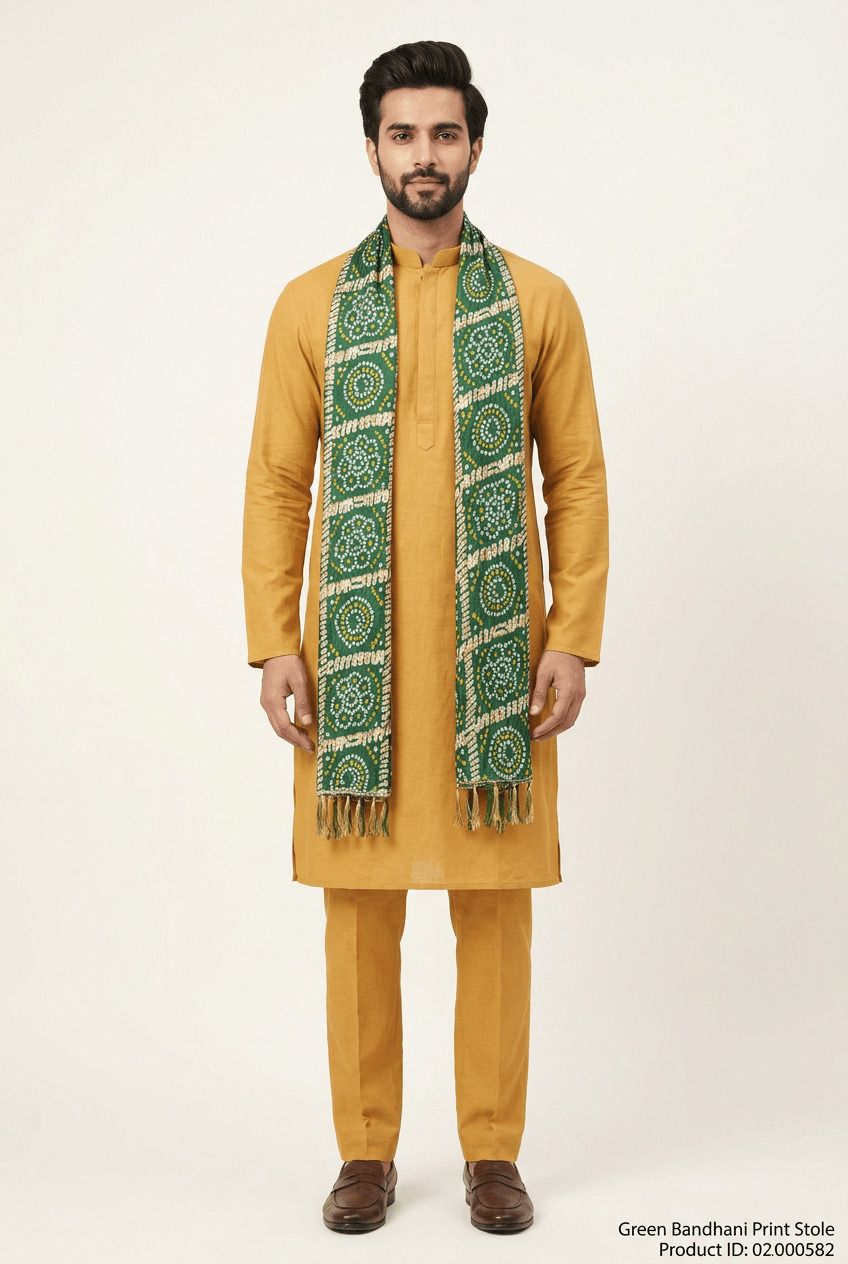 Cotton Silk Printed Green, Yellow Men Dupatta-image-13