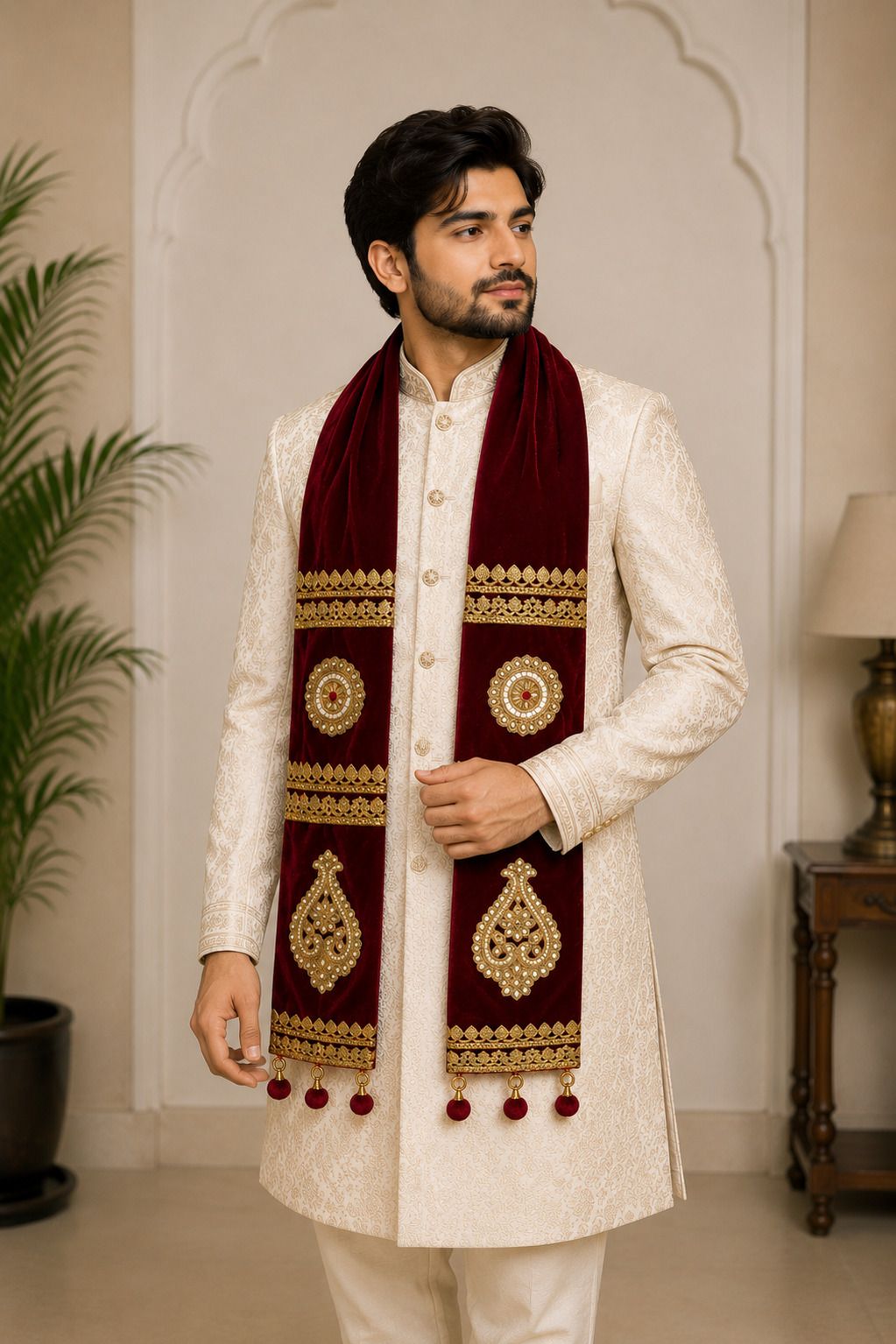Velvet Hand Painted Maroon Men Dupatta-image-42