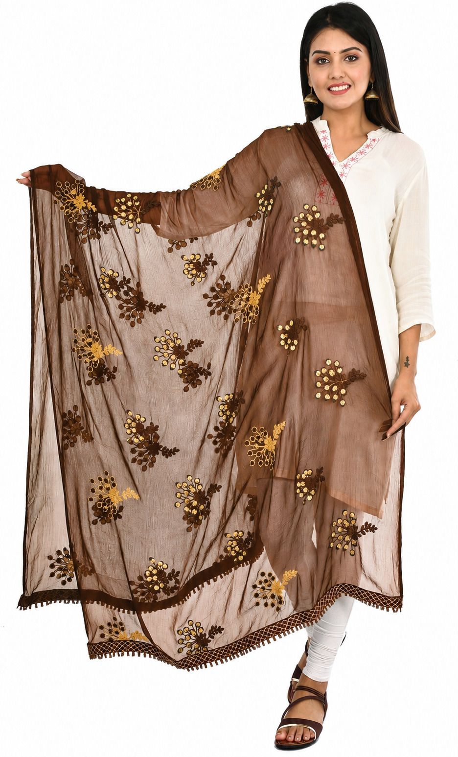 whiteheaven Chiffon Embroidered Brown Women Dupatta-picture-16