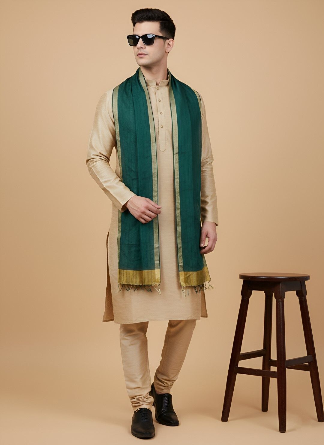 muffly Cotton Silk Woven Green Men Dupatta-picture-26