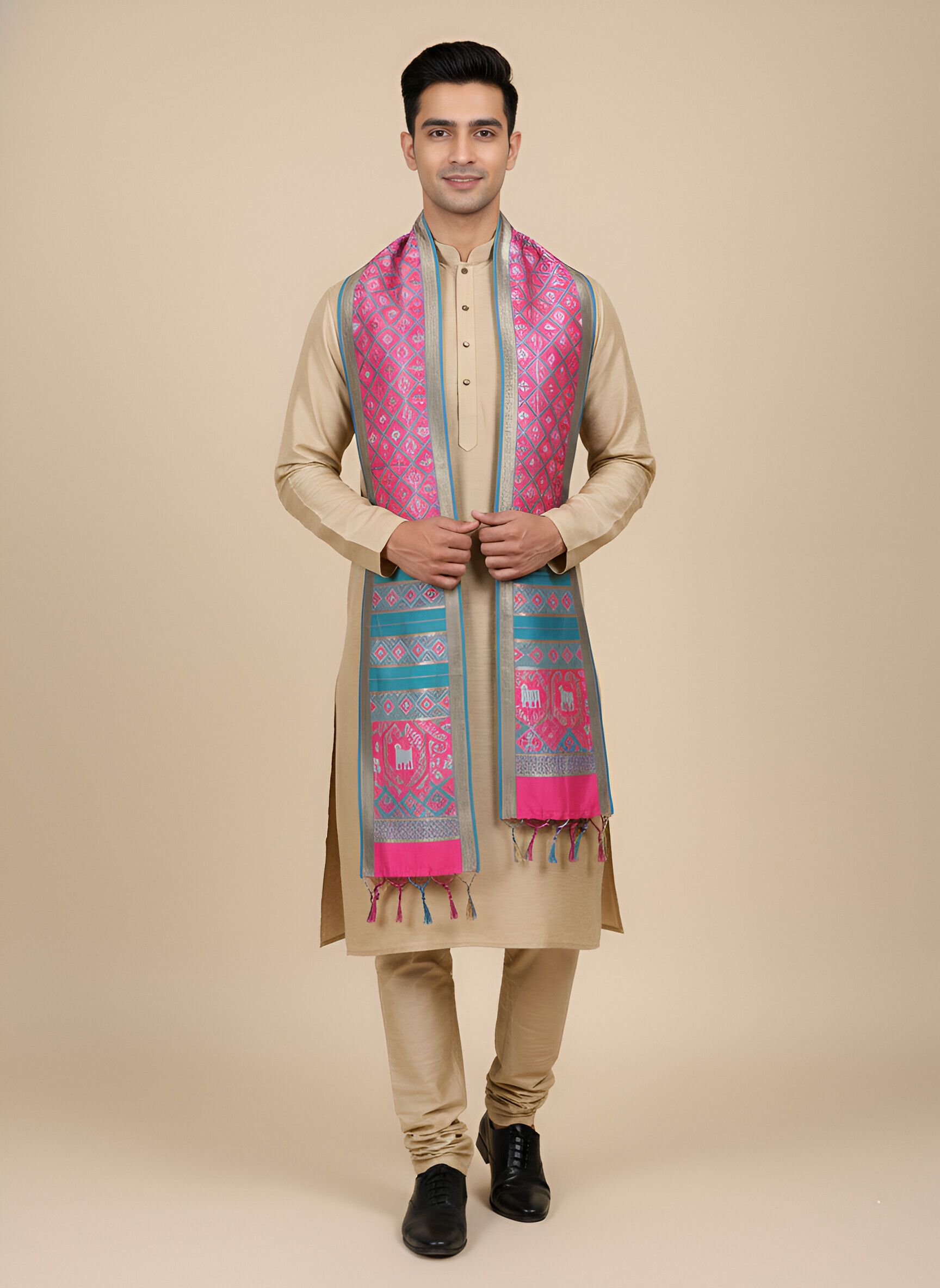 Silk Blend Geometric Print Pink Men Dupatta-image-9
