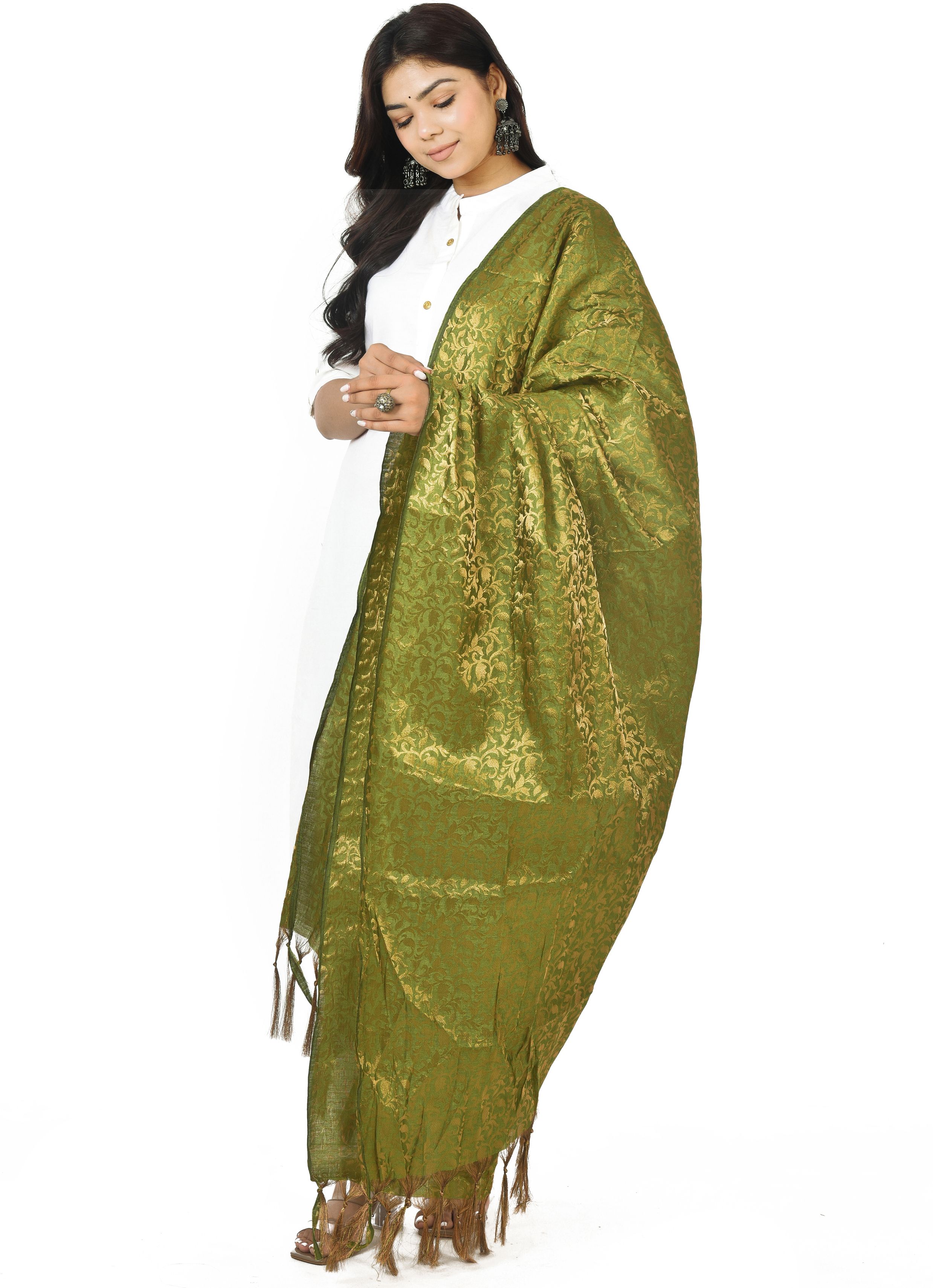 whiteheaven Pure Silk Self Design Light Green Women Dupatta-picture-13